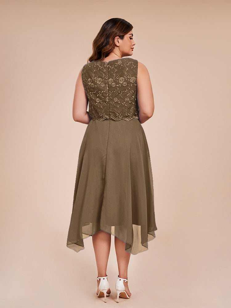 Classic Sleeveless Lace Overlay Chiffon Asymmetrical Mother of the Groom Dress