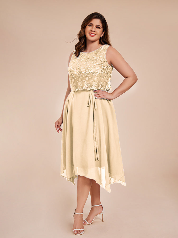 Classic Sleeveless Lace Overlay Chiffon Asymmetrical Mother of the Groom Dress