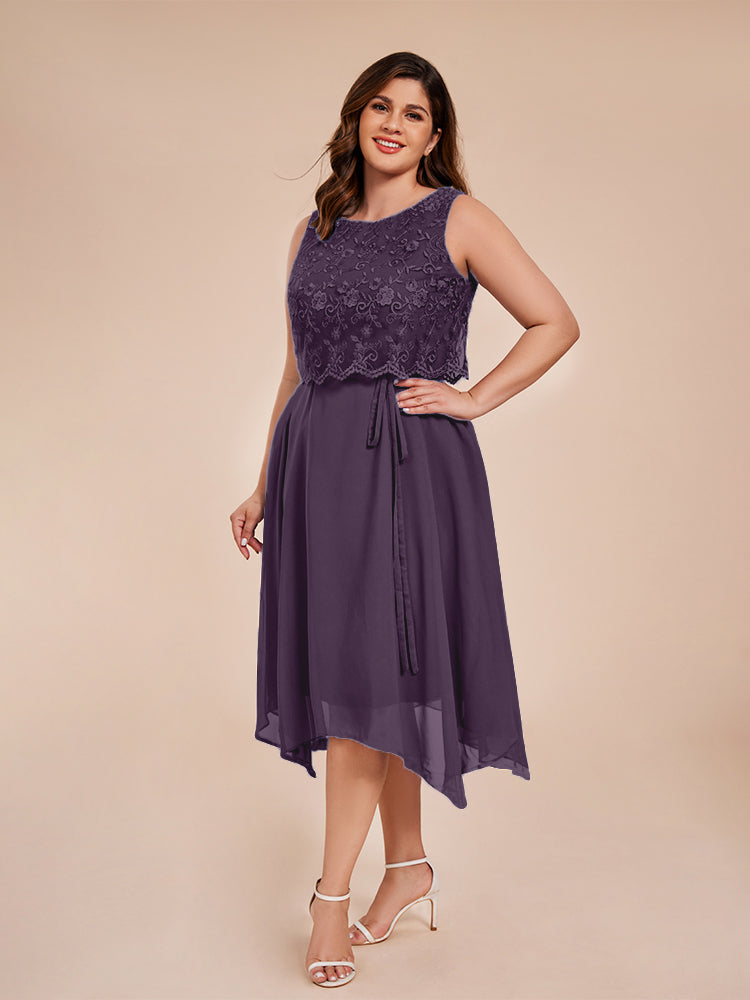 Classic Sleeveless Lace Overlay Chiffon Asymmetrical Mother of the Groom Dress