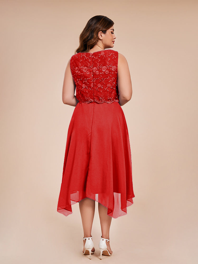 Classic Sleeveless Lace Overlay Chiffon Asymmetrical Mother of the Groom Dress