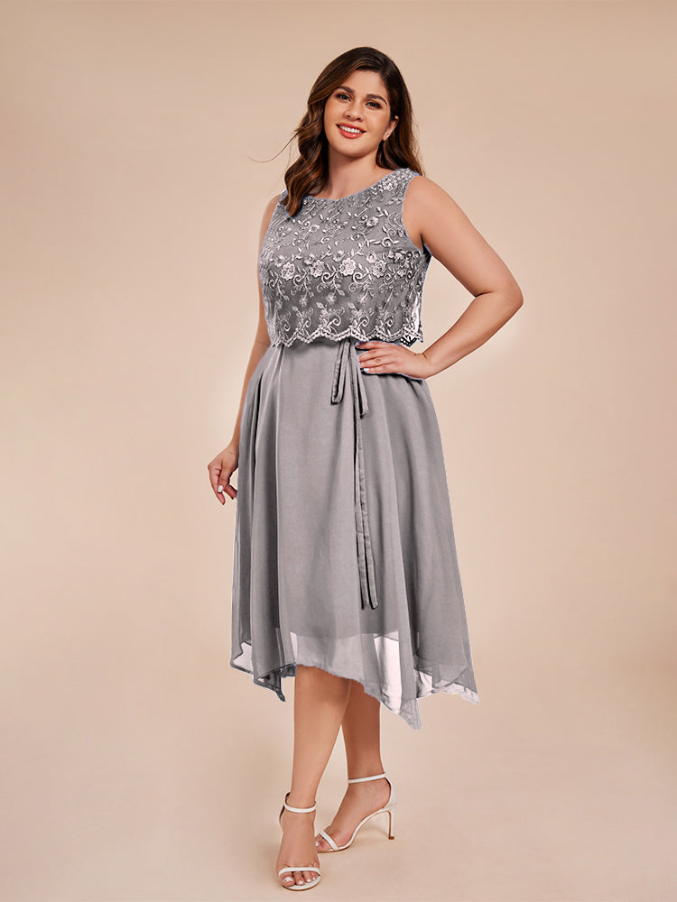 Classic Sleeveless Lace Overlay Chiffon Asymmetrical Mother of the Groom Dress