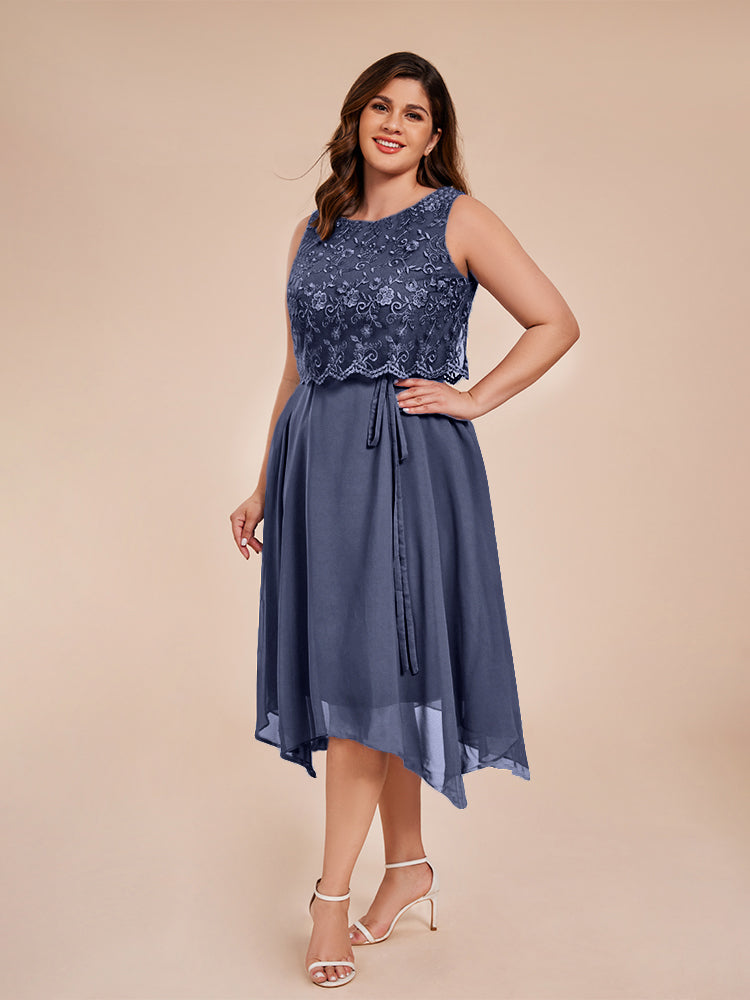 Classic Sleeveless Lace Overlay Chiffon Asymmetrical Mother of the Groom Dress