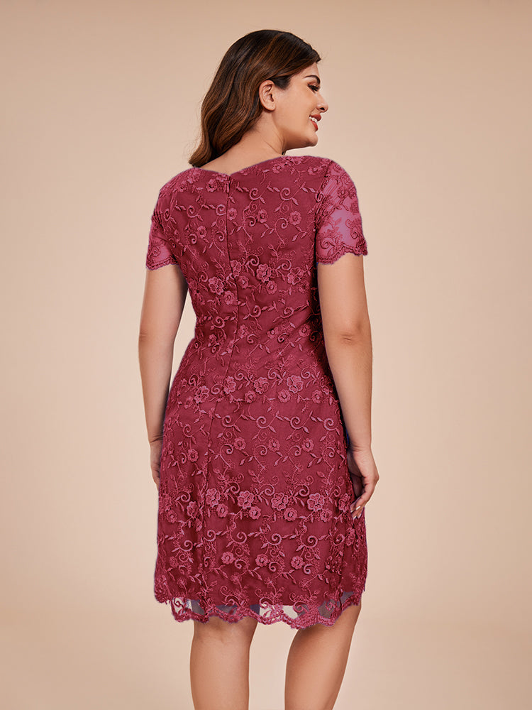 Column Short Sleeves Knee Length Lace Mother of the Bride Dress