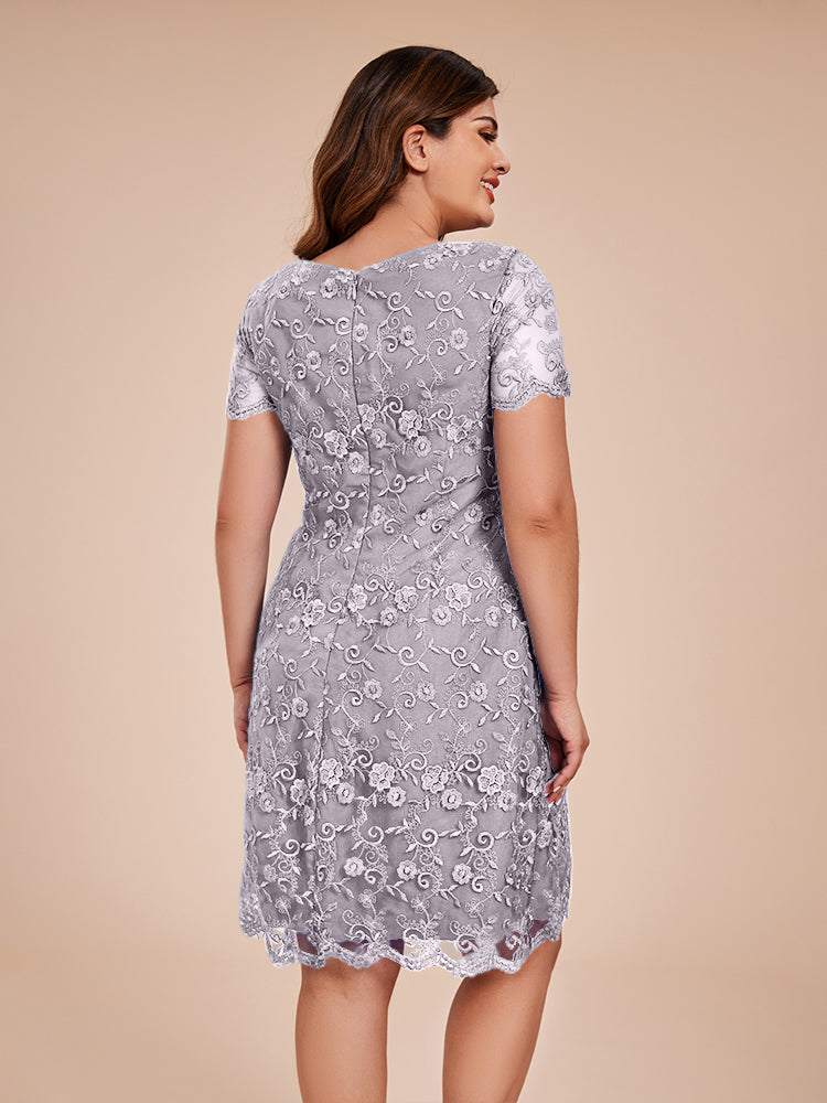 Column Short Sleeves Knee Length Lace Mother of the Bride Dress