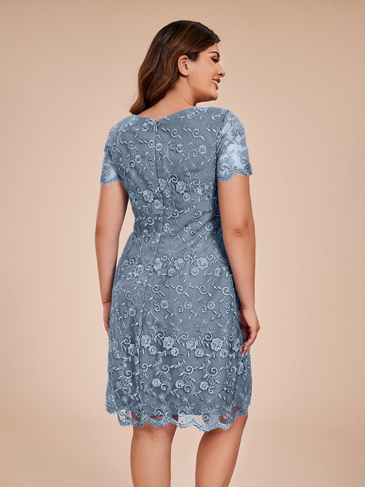 Column Short Sleeves Knee Length Lace Mother of the Bride Dress