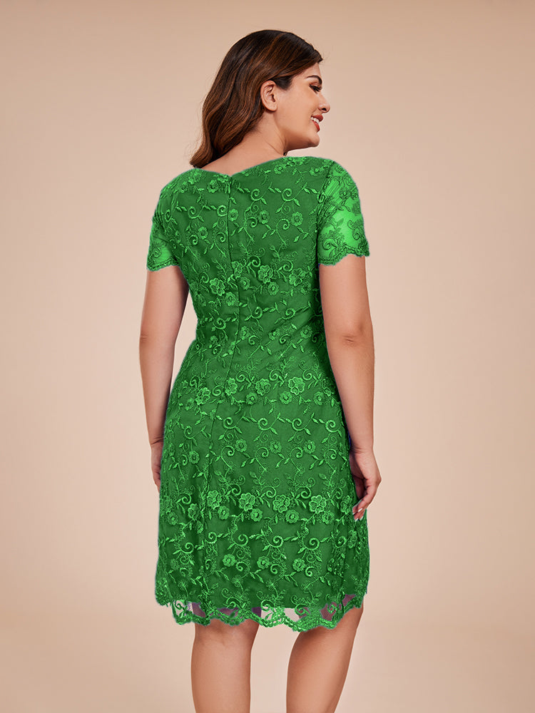 Column Short Sleeves Knee Length Lace Mother of the Bride Dress