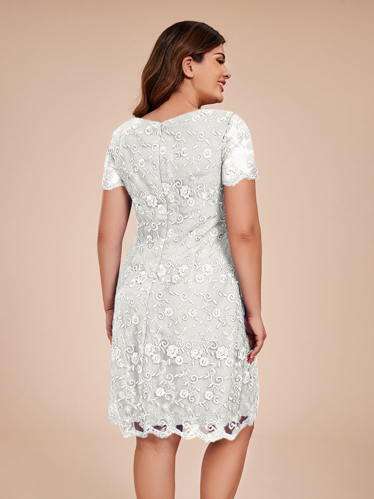 Column Short Sleeves Knee Length Lace Mother of the Bride Dress