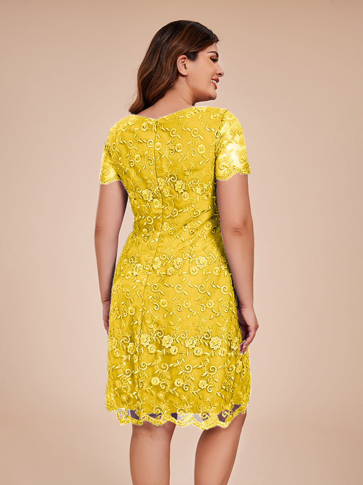 Column Short Sleeves Knee Length Lace Mother of the Bride Dress