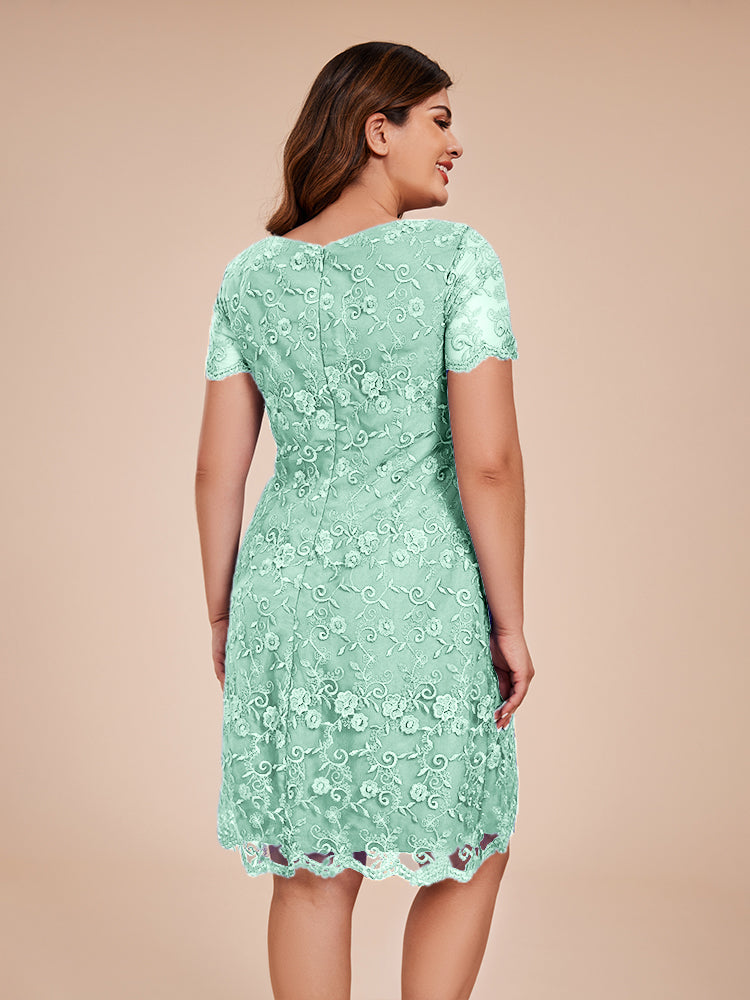Column Short Sleeves Knee Length Lace Mother of the Bride Dress