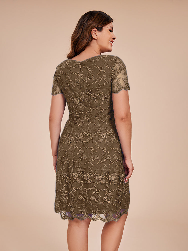 Column Short Sleeves Knee Length Lace Mother of the Bride Dress