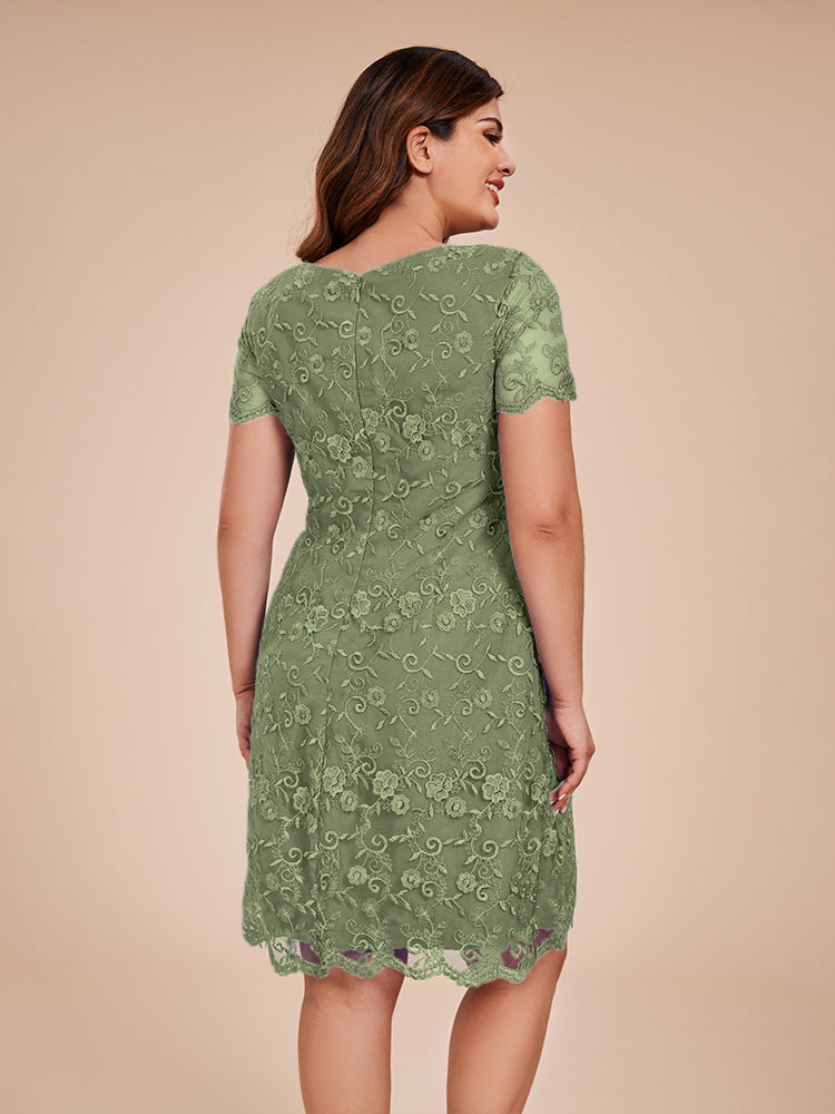 Column Short Sleeves Knee Length Lace Mother of the Bride Dress