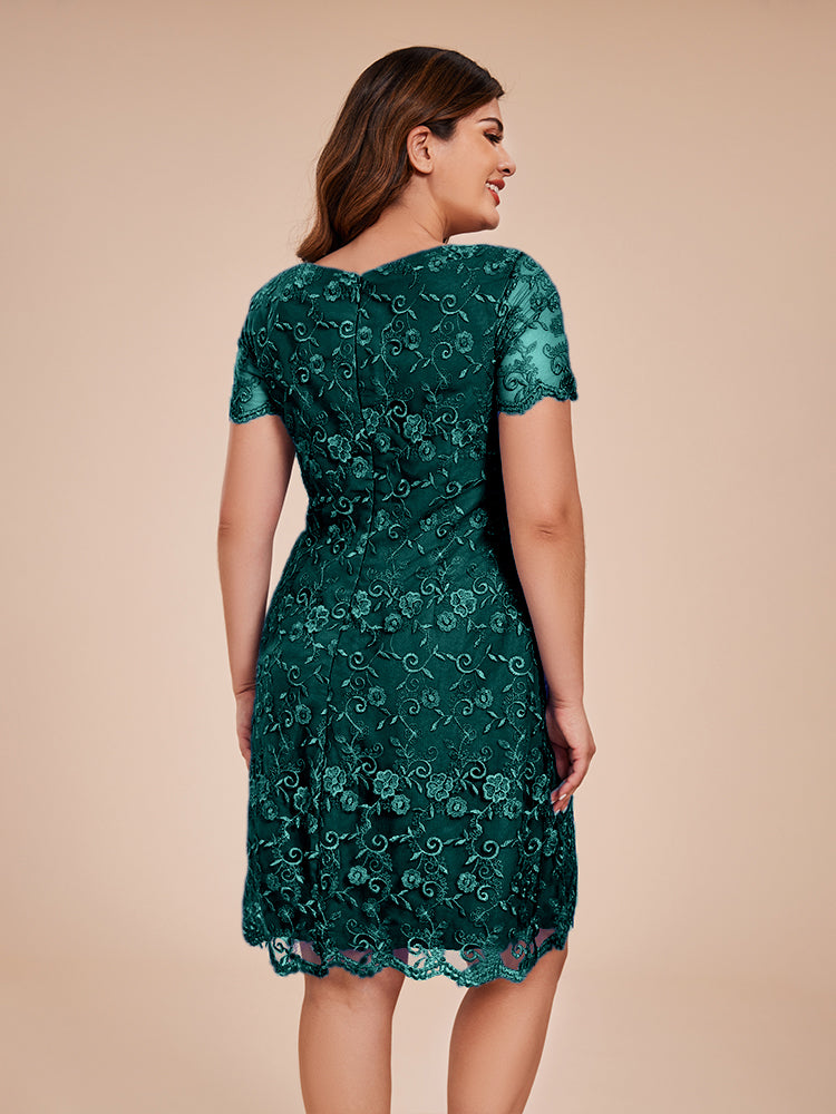 Column Short Sleeves Knee Length Lace Mother of the Bride Dress