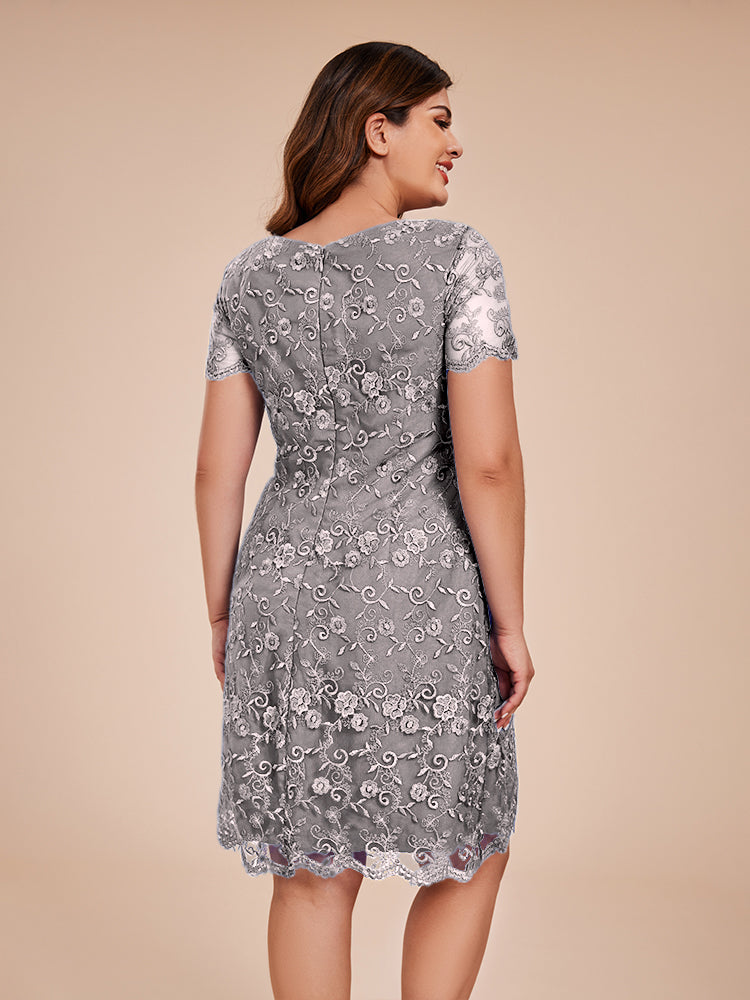 Column Short Sleeves Knee Length Lace Mother of the Bride Dress