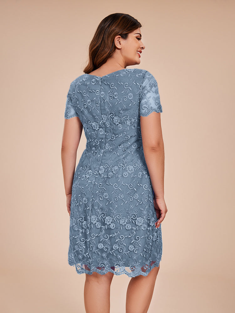 Column Short Sleeves Knee Length Lace Mother of the Bride Dress