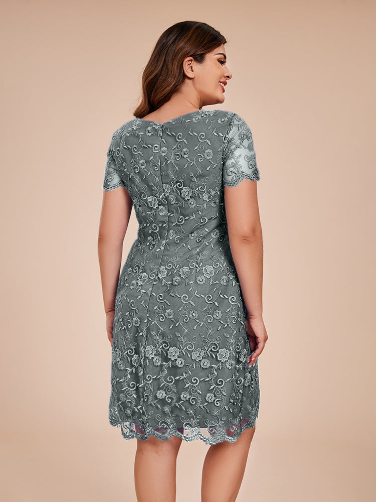 Column Short Sleeves Knee Length Lace Mother of the Bride Dress