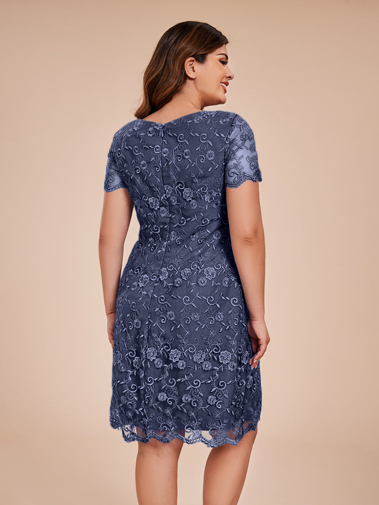 Column Short Sleeves Knee Length Lace Mother of the Bride Dress
