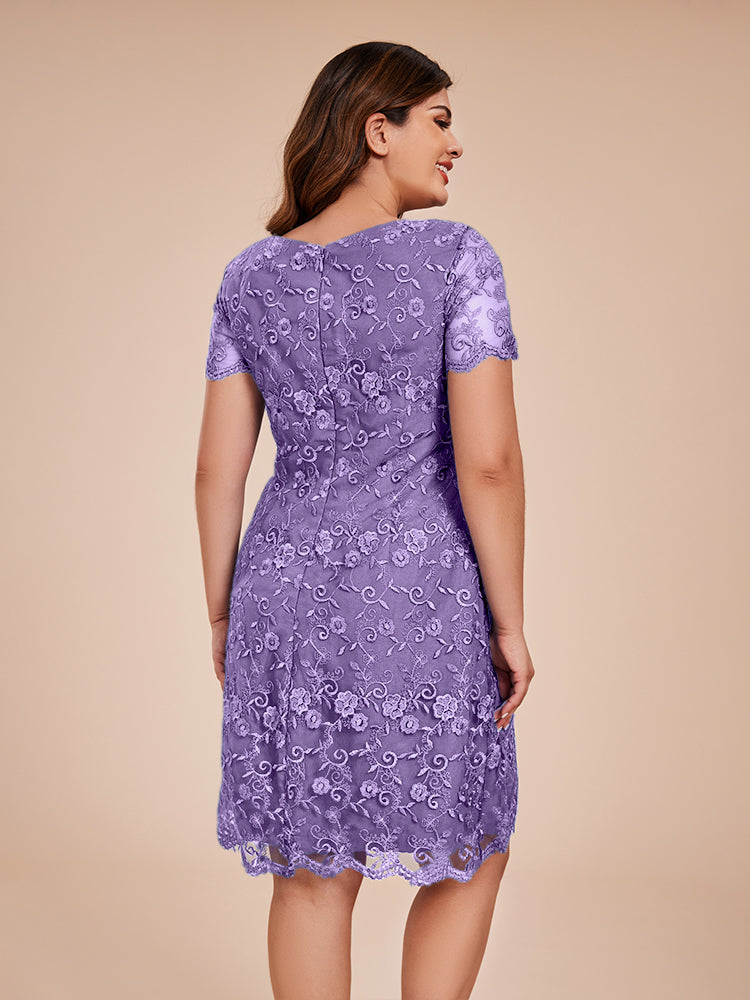 Column Short Sleeves Knee Length Lace Mother of the Bride Dress