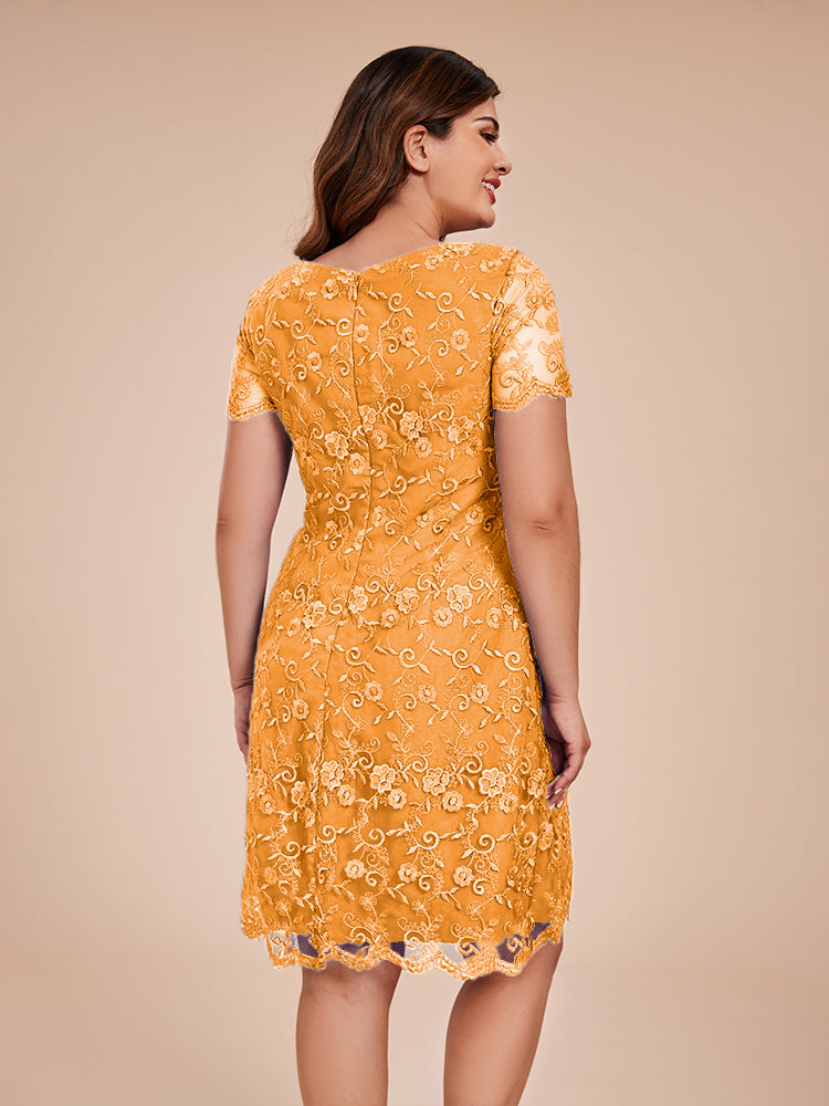 Column Short Sleeves Knee Length Lace Mother of the Bride Dress