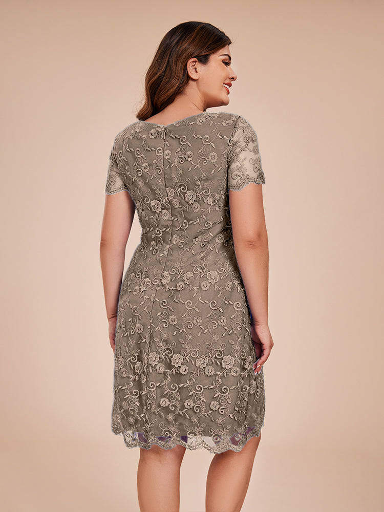 Column Short Sleeves Knee Length Lace Mother of the Bride Dress