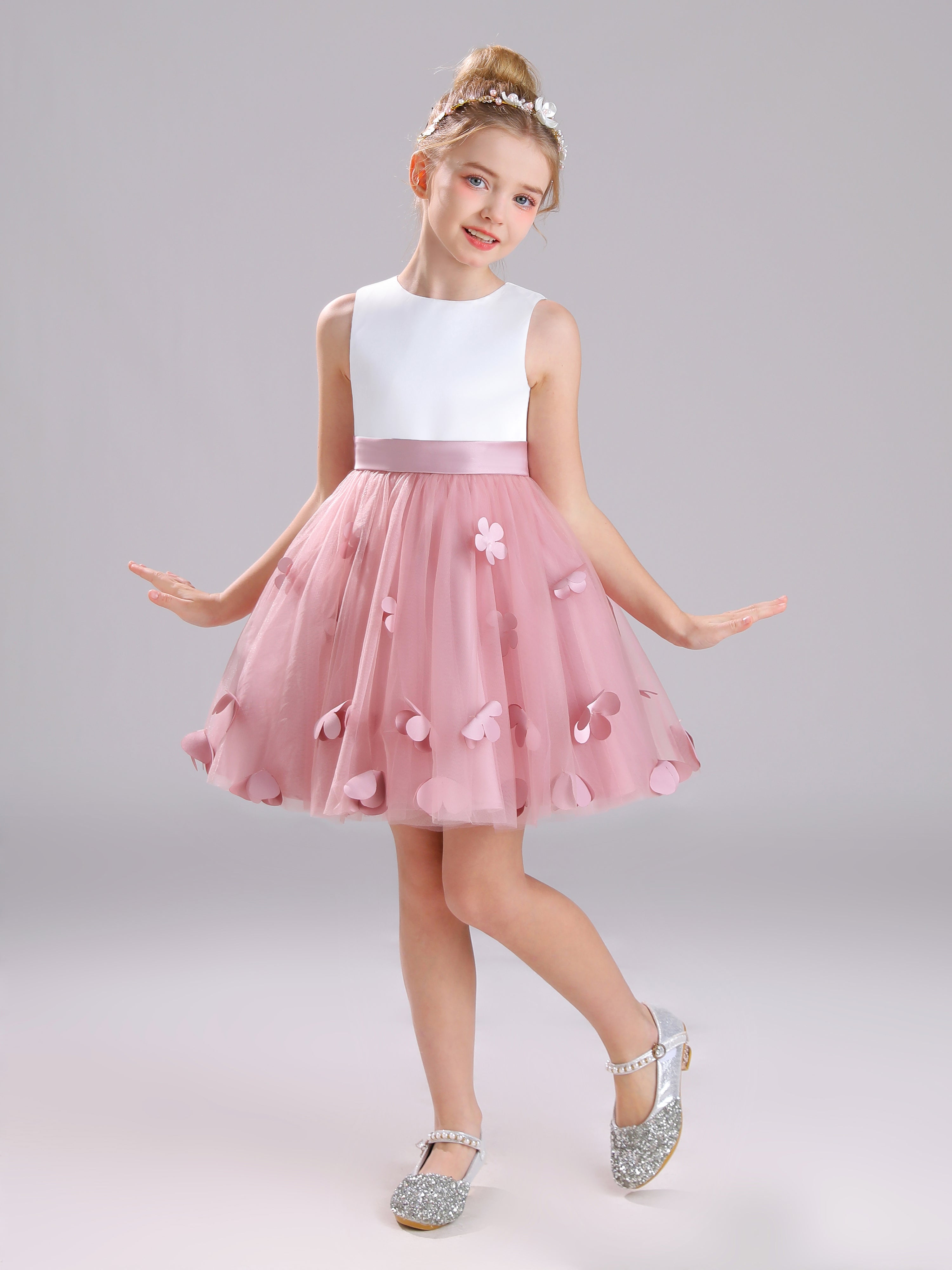 Cute A-Line Sleeveless Short Floral Tulle Flower Girl Dress with Bowkn Cute A-Line Sleeveless Short Floral Tulle Flower Girl Dress with Bowkn