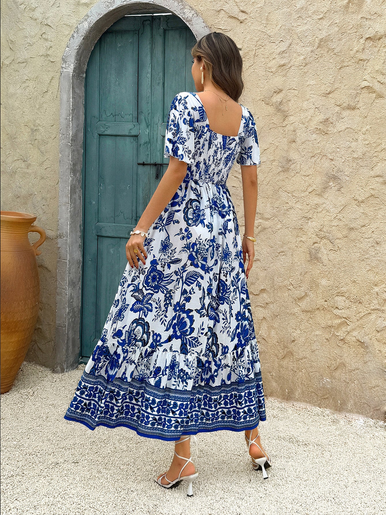 Square Neck Floral Printed Royal Blue Ankle Length Wedding Guest Dress