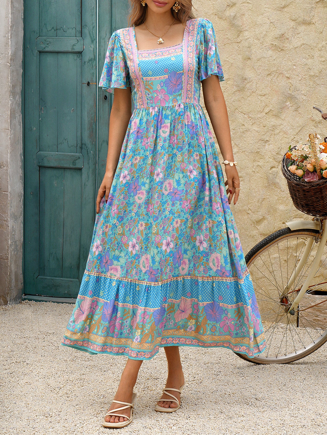Square Neck Floral Printed Pool Ankle Length Wedding Guest Dress Square Neck Floral Printed Pool Ankle Length Wedding Guest Dress