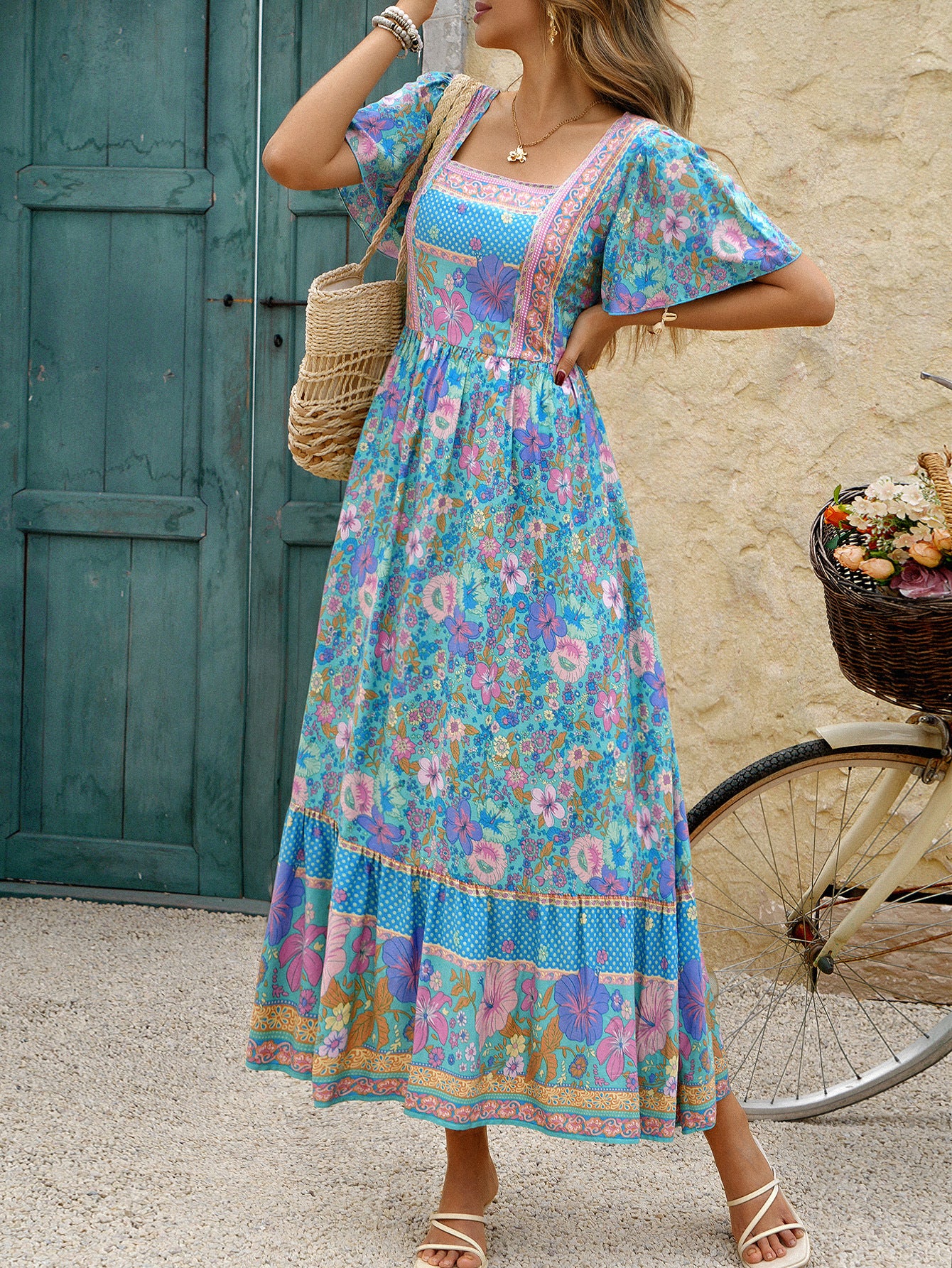 Square Neck Floral Printed Pool Ankle Length Wedding Guest Dress