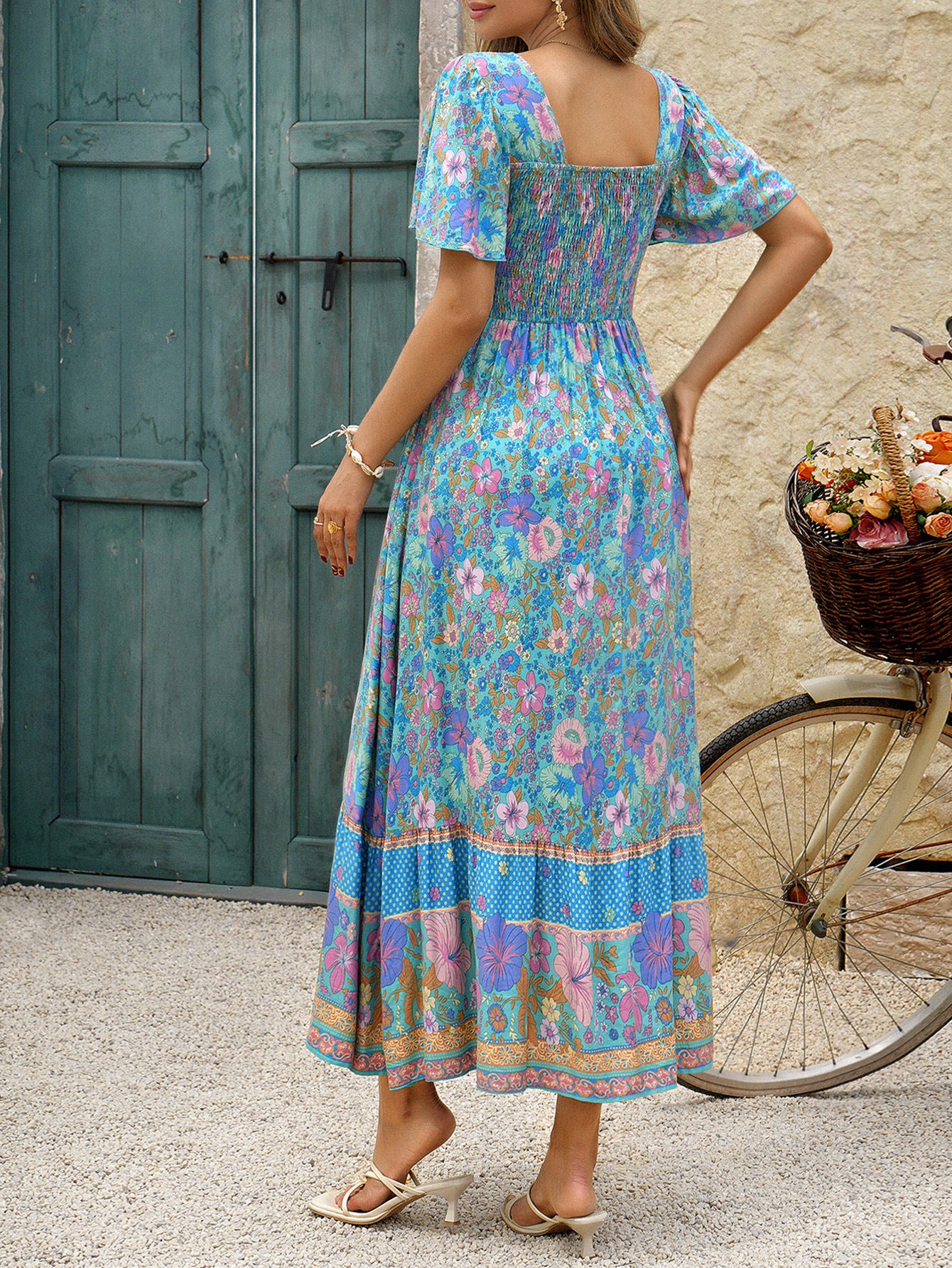 Square Neck Floral Printed Pool Ankle Length Wedding Guest Dress