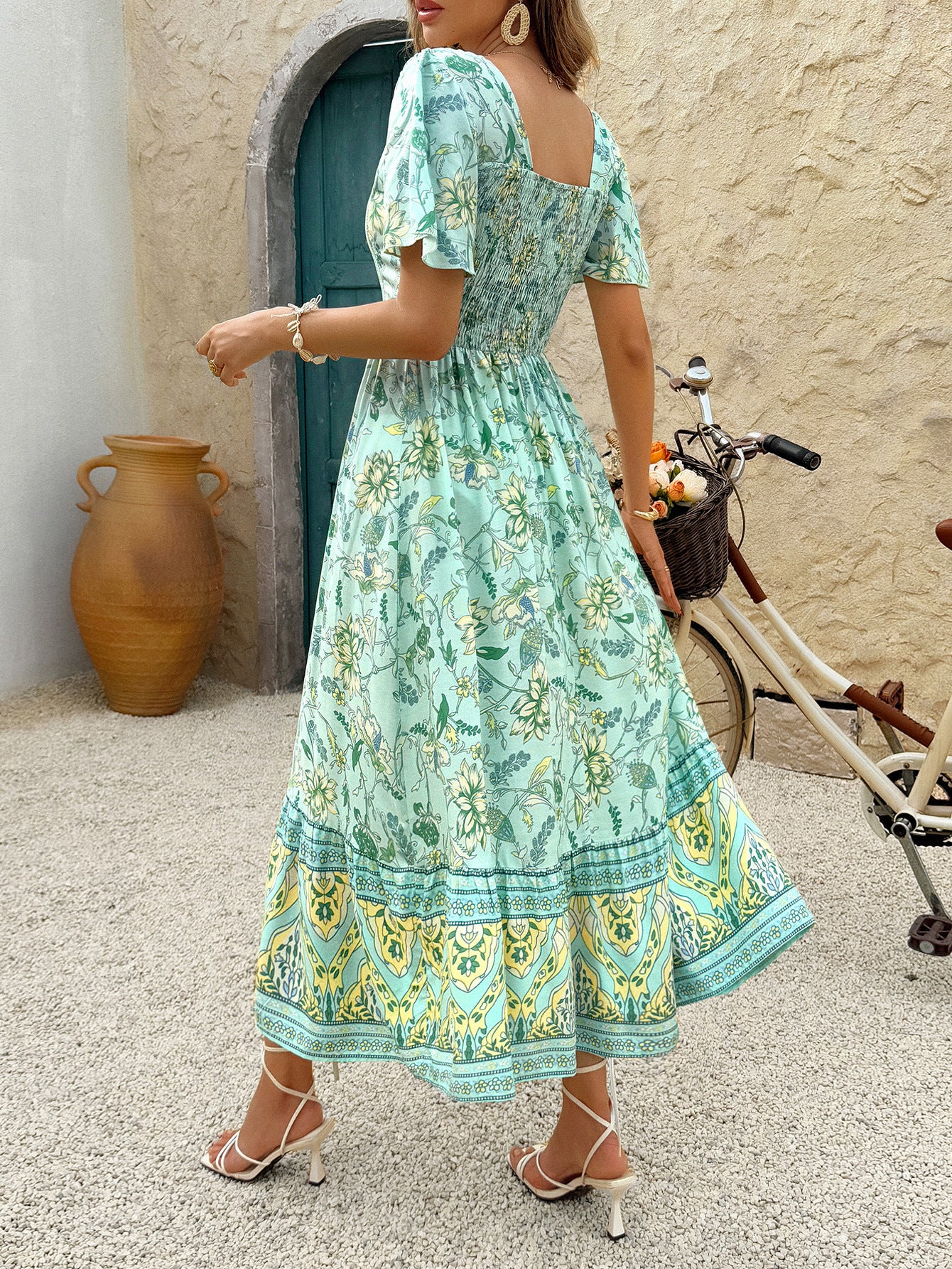 Square Neck Floral Printed Mint Green Ankle Length Wedding Guest Dress