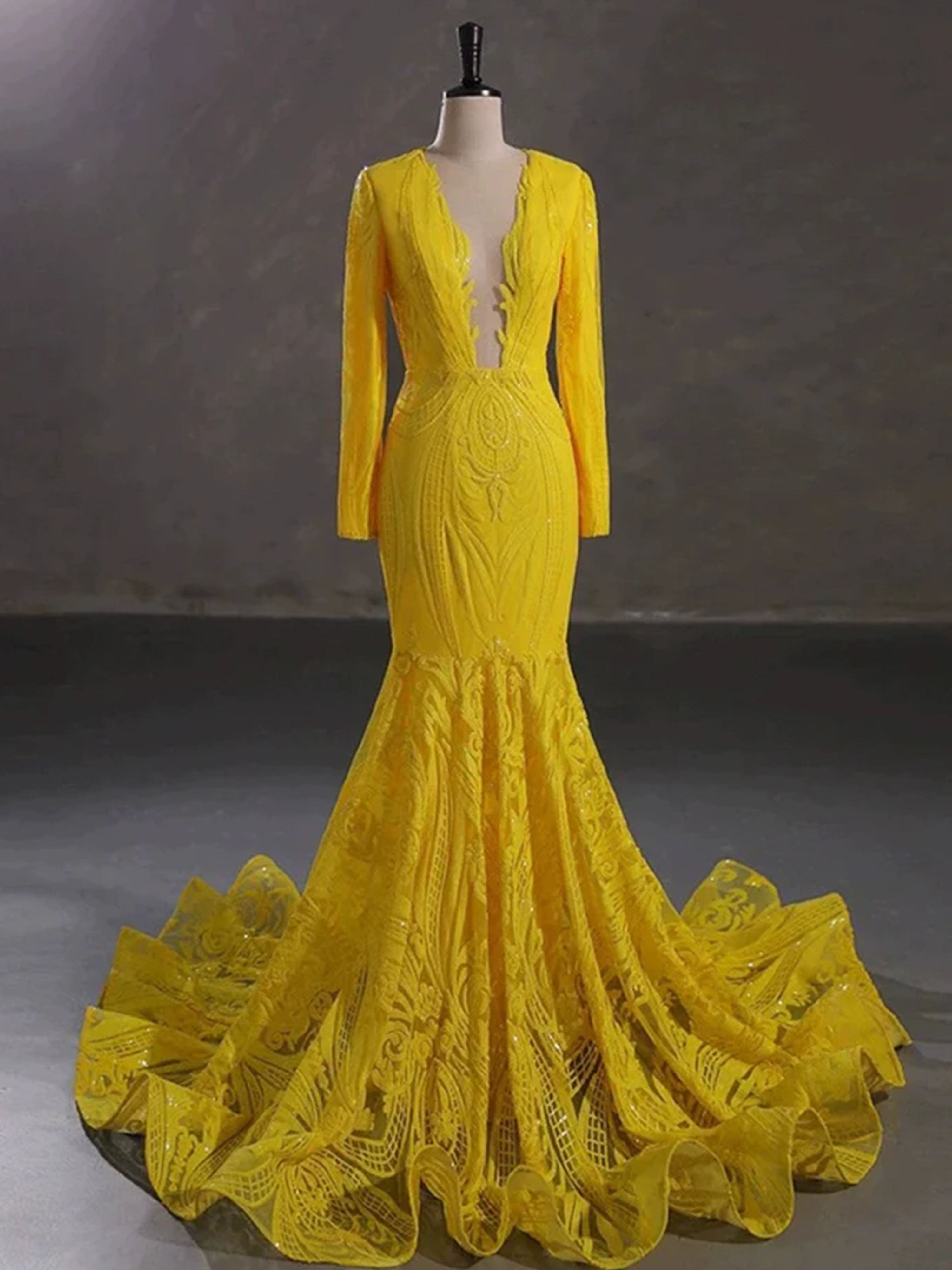 Yellow Prom Dress Gorgeous Trumpet/Mermaid Long Sleeves Sequins Lace P Yellow Prom Dress Gorgeous Trumpet/Mermaid Long Sleeves Sequins Lace P