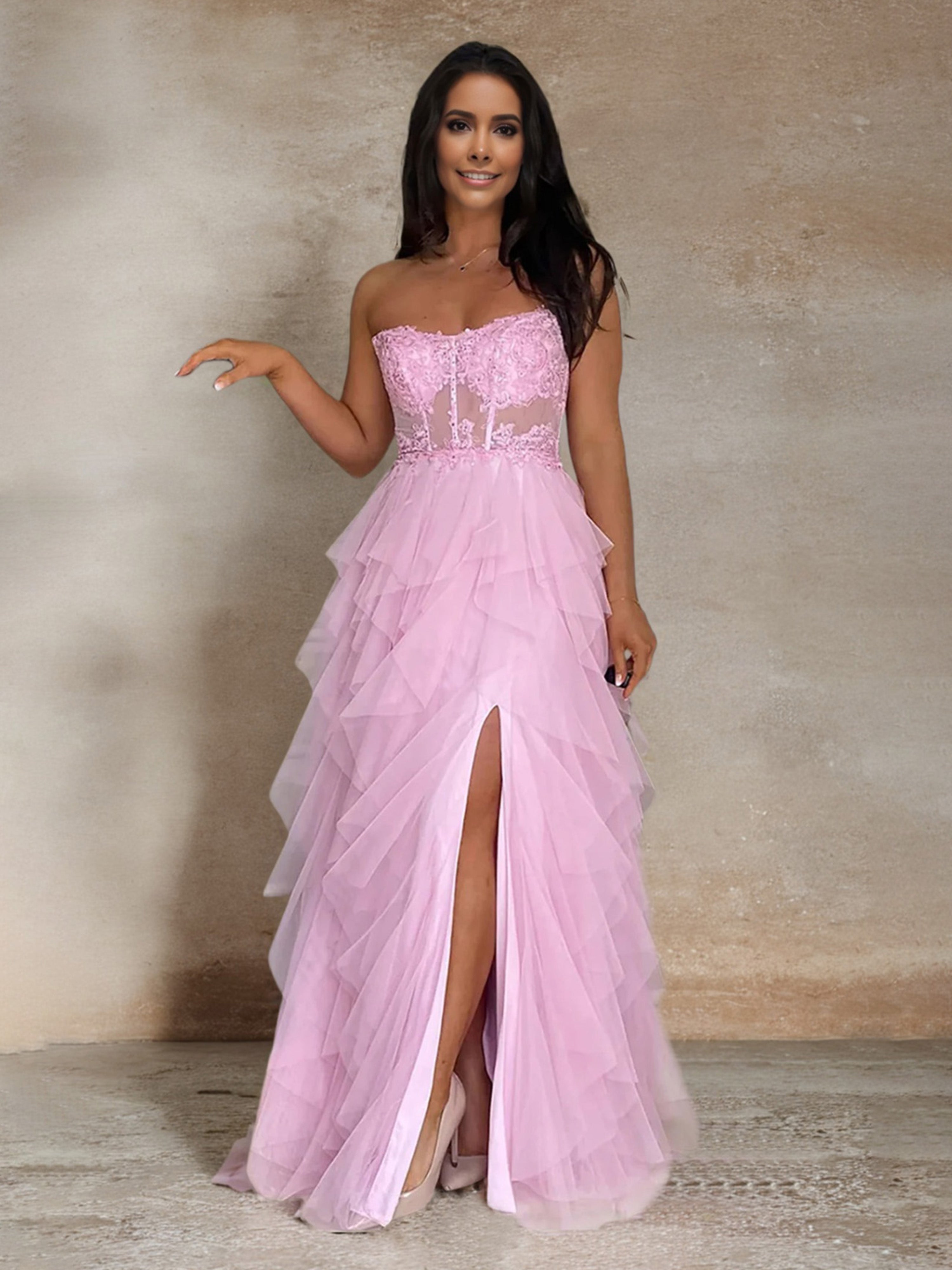 Pink Prom Dresses A Line Strapless Lace Top Tulle Puffy Prom Dress Wit