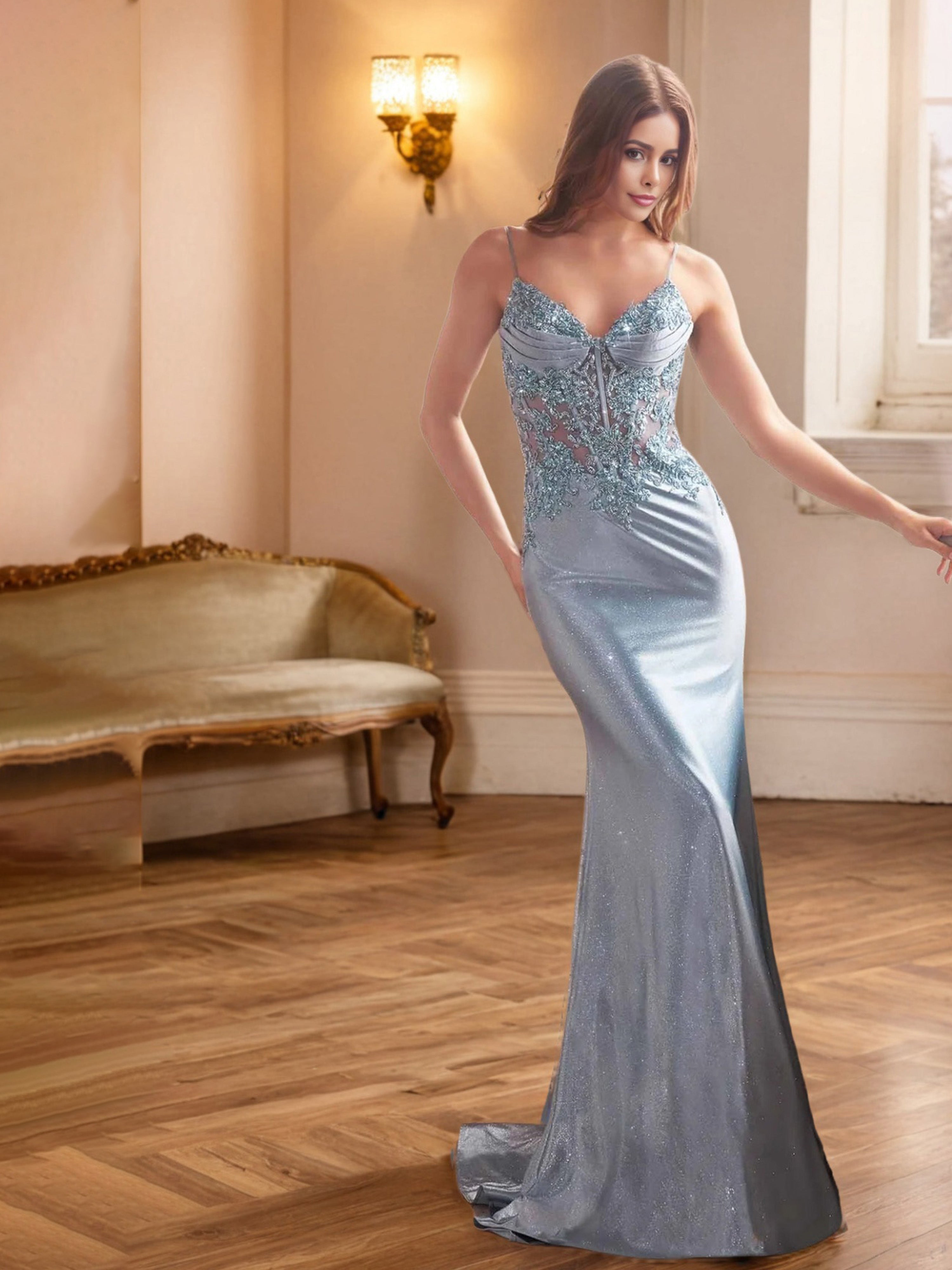 Dusty Blue Prom Dress Sparkly Trumpet/Mermaid Spaghetti Straps Lace Se Dusty Blue Prom Dress Sparkly Trumpet/Mermaid Spaghetti Straps Lace Se