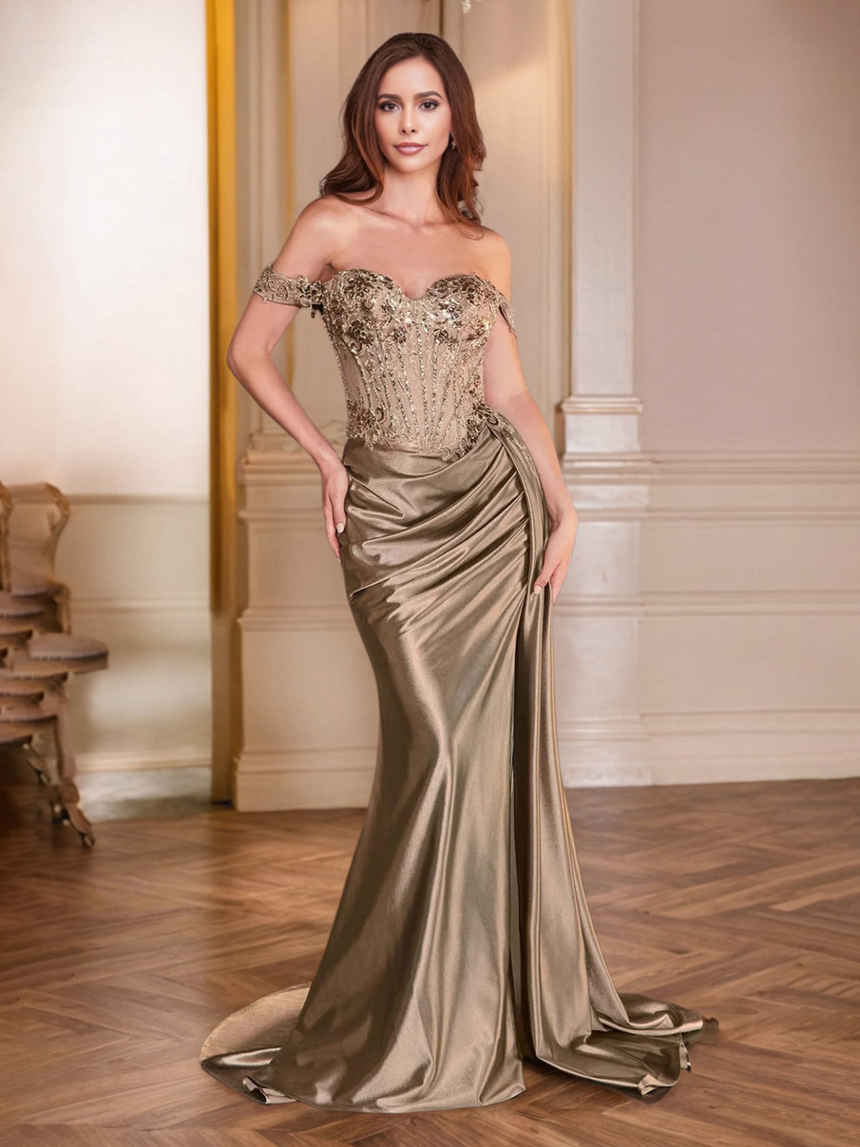 Mocha Formal Dress Off The Shoulder Sweetheart Sequins Appliqued Trumpet/Mermaid Formal Dress With Slit Mocha Formal Dress Off The Shoulder Sweetheart Sequins Appliqued Trumpet/Mermaid Formal Dress With Slit