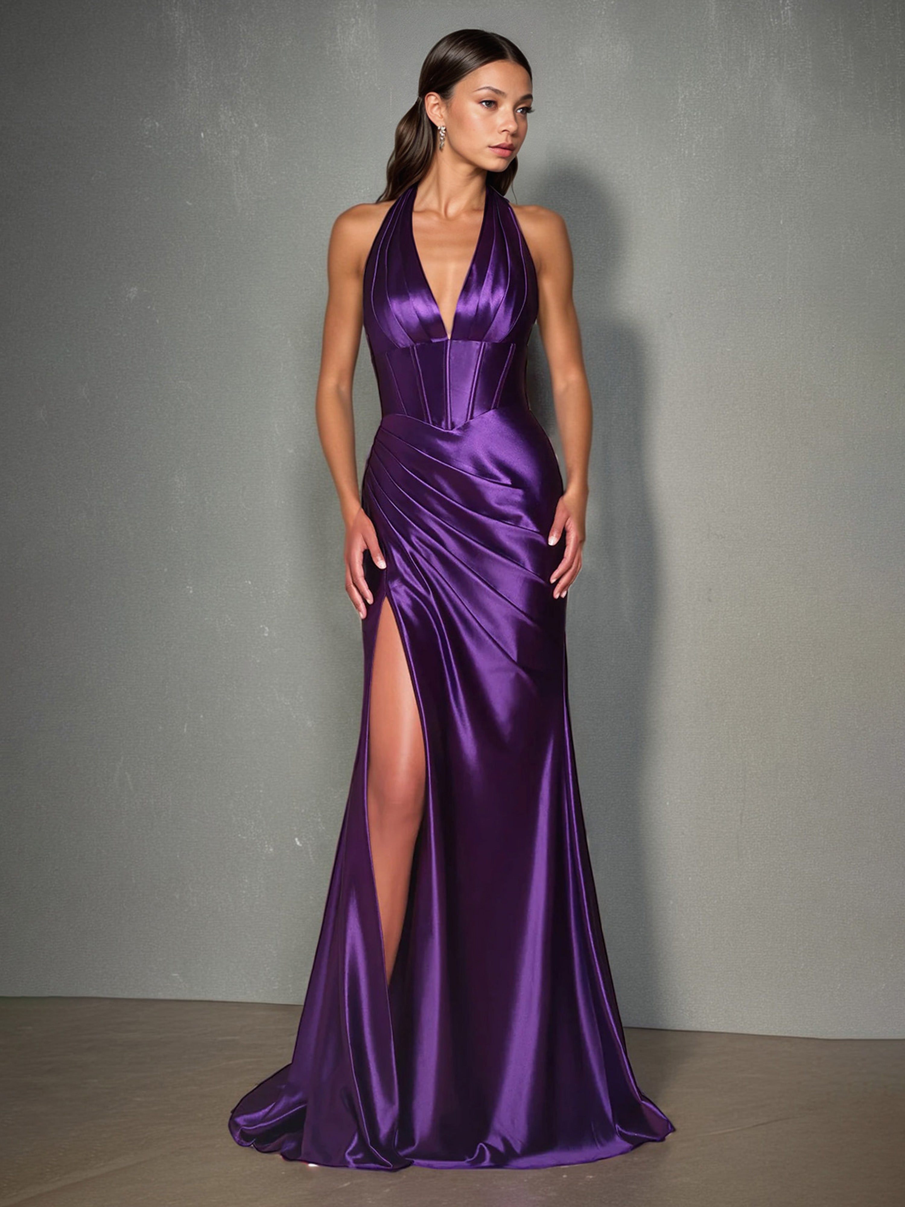 Purple Formal Dresses Halter V-Neck Trumpet/Mermaid High Waist Ruched Formal Dress With Slit Purple Formal Dresses Halter V-Neck Trumpet/Mermaid High Waist Ruched Formal Dress With Slit