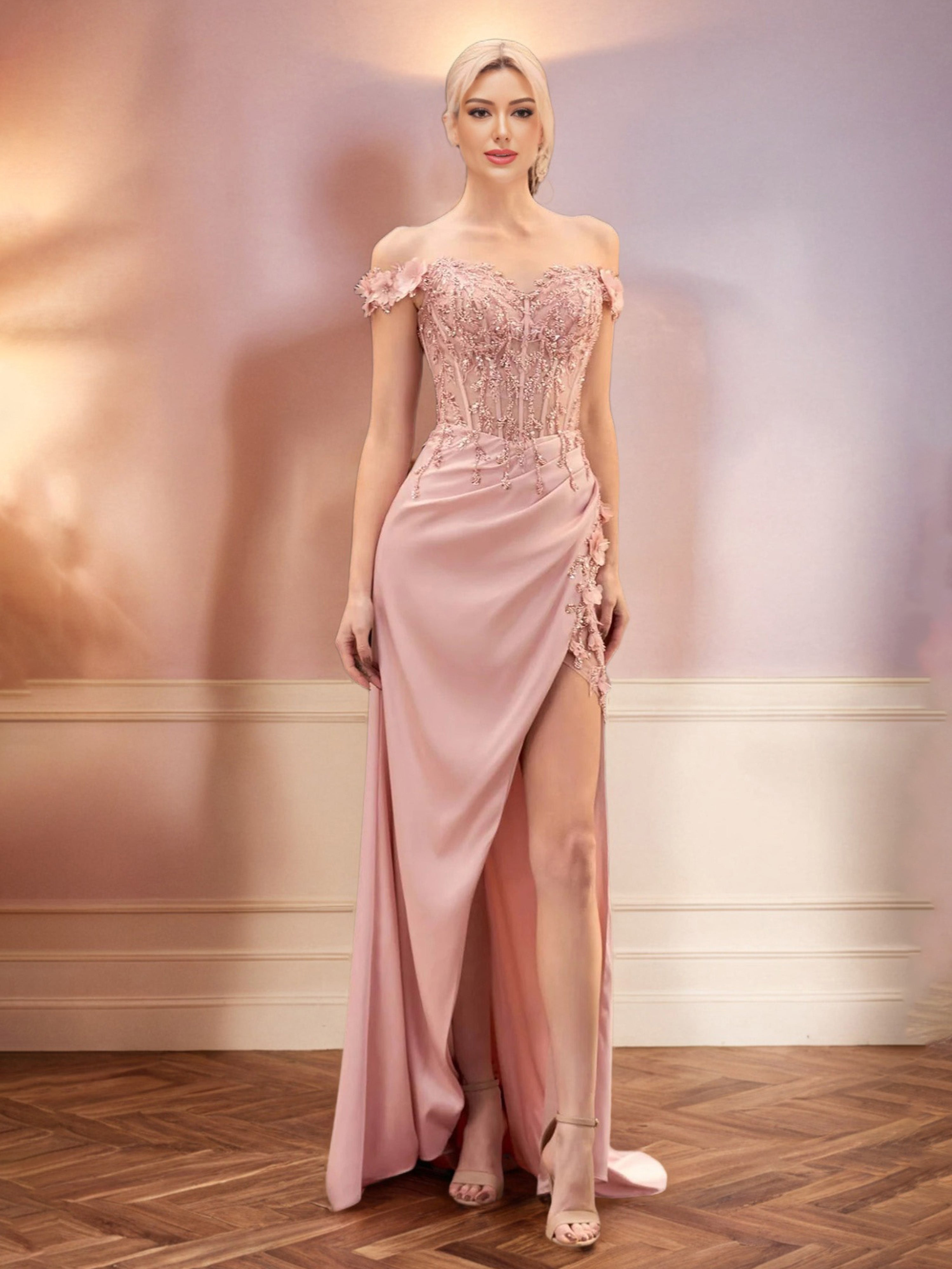 Dusty Rose Prom Dresses Off The Shoulder Flower Appliques Sequined Bodice Sheath Prom Dress Dusty Rose Prom Dresses Off The Shoulder Flower Appliques Sequined Bodice Sheath Prom Dress