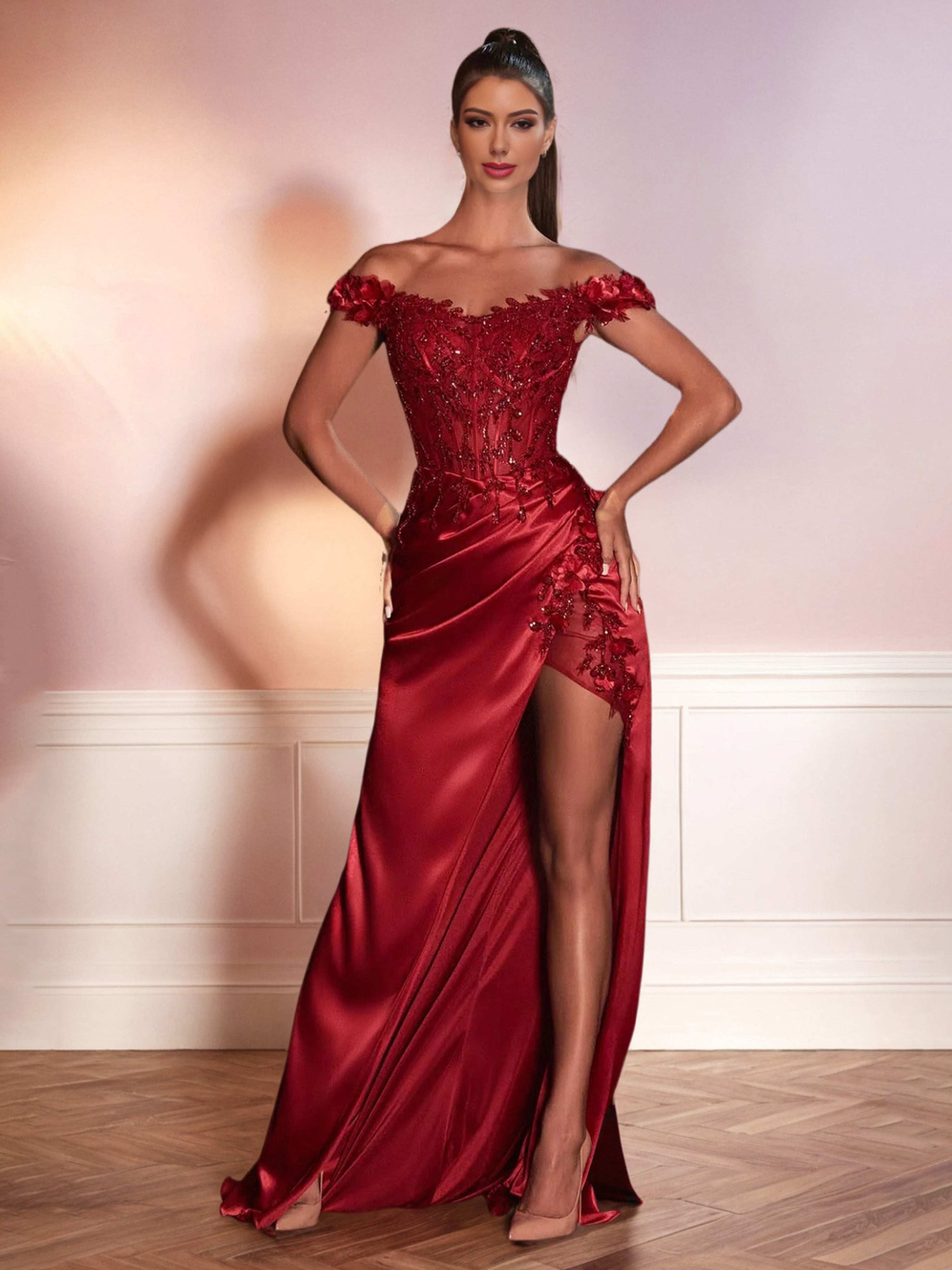 Red Lace Formal Dress Off The Shoulder Flower Appliques Sequined Bodice Sheath Formal Dress Red Lace Formal Dress Off The Shoulder Flower Appliques Sequined Bodice Sheath Formal Dress