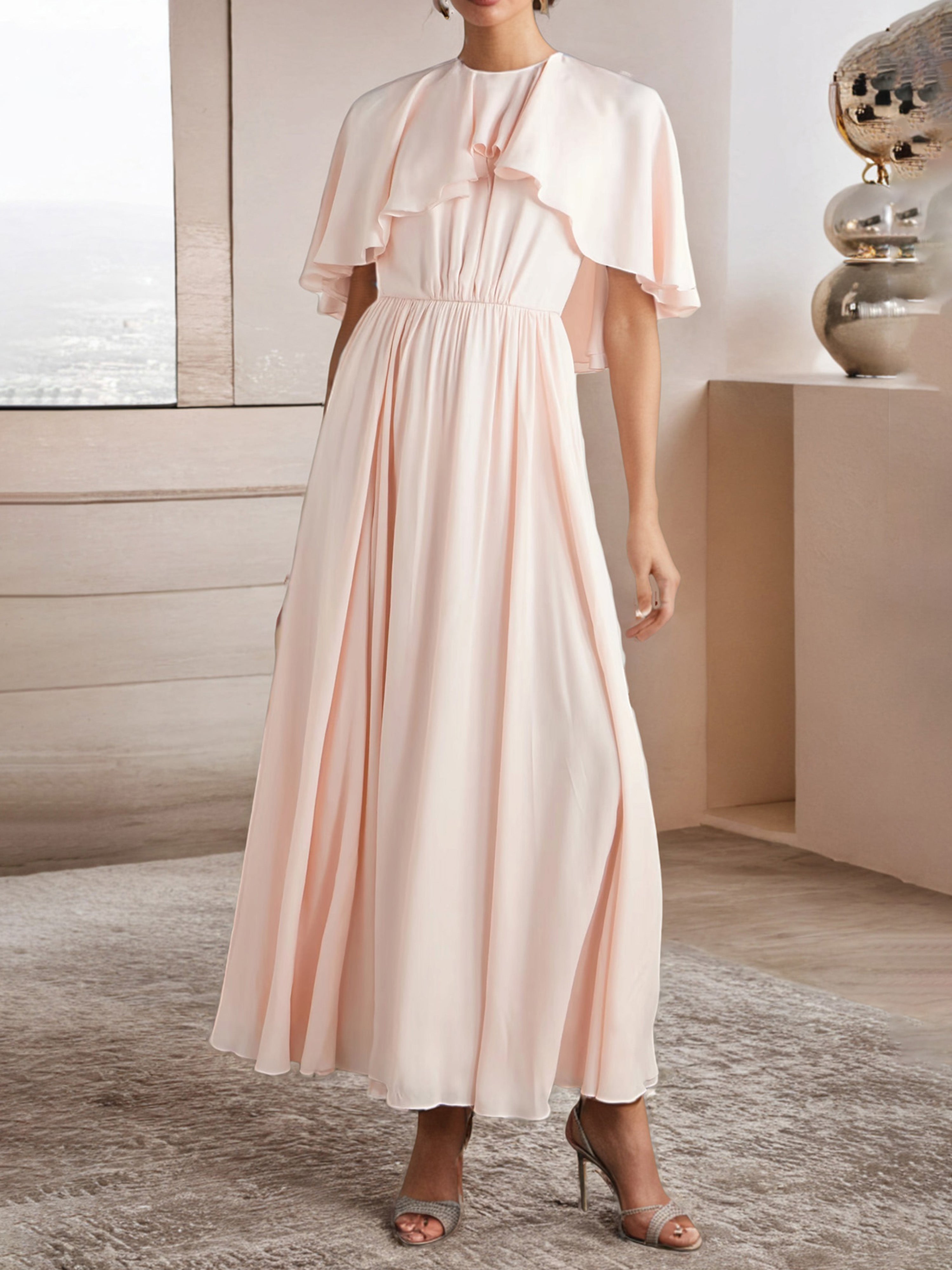 Pearl Pink Formal Dress Chiffon Cape Sleeve A Line Ankle Length Formal
