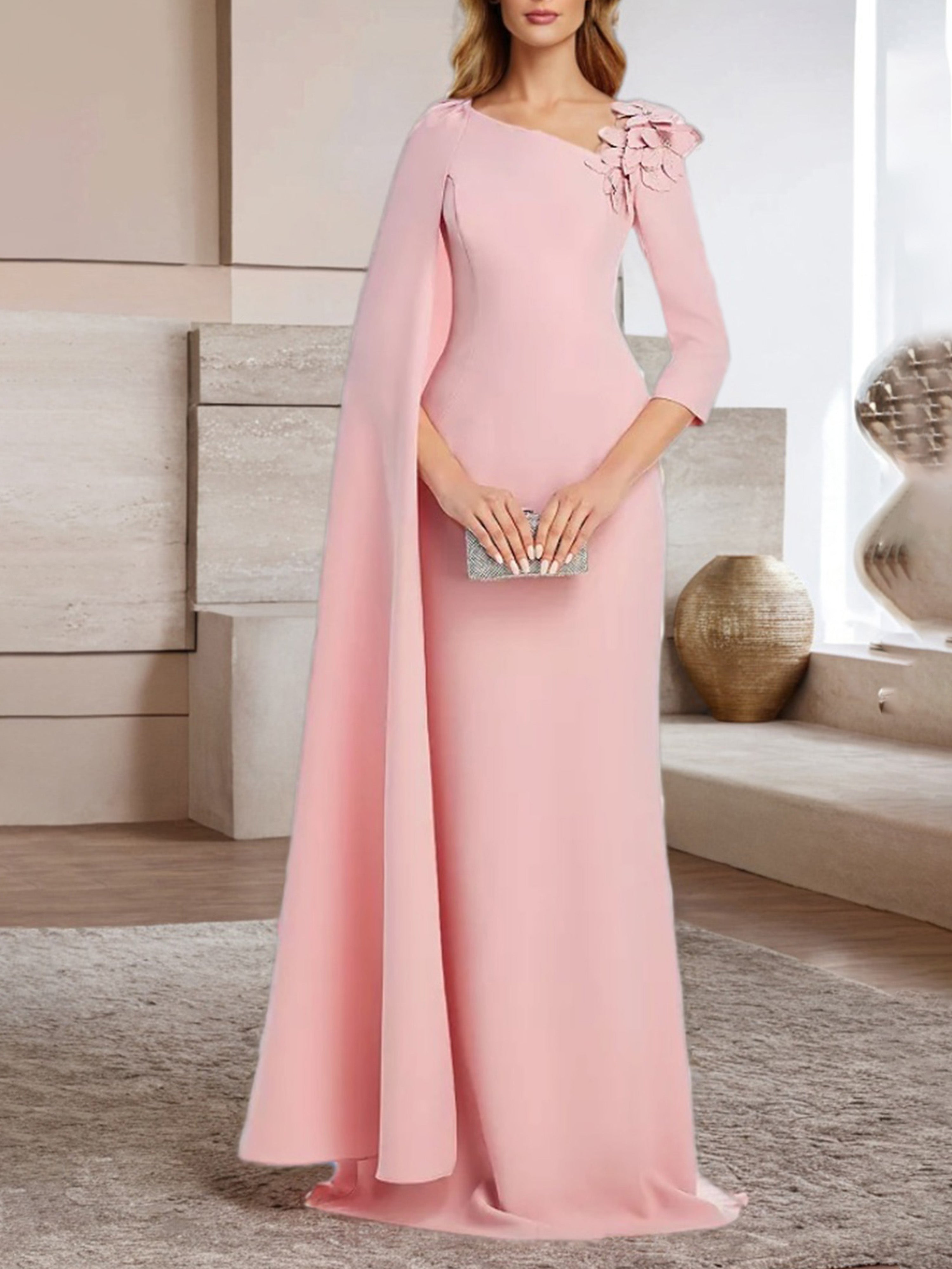 Blush Formal Sheath/Column Elegant 3/4 Length Sleeves Pink Long Formal Blush Formal Sheath/Column Elegant 3/4 Length Sleeves Pink Long Formal