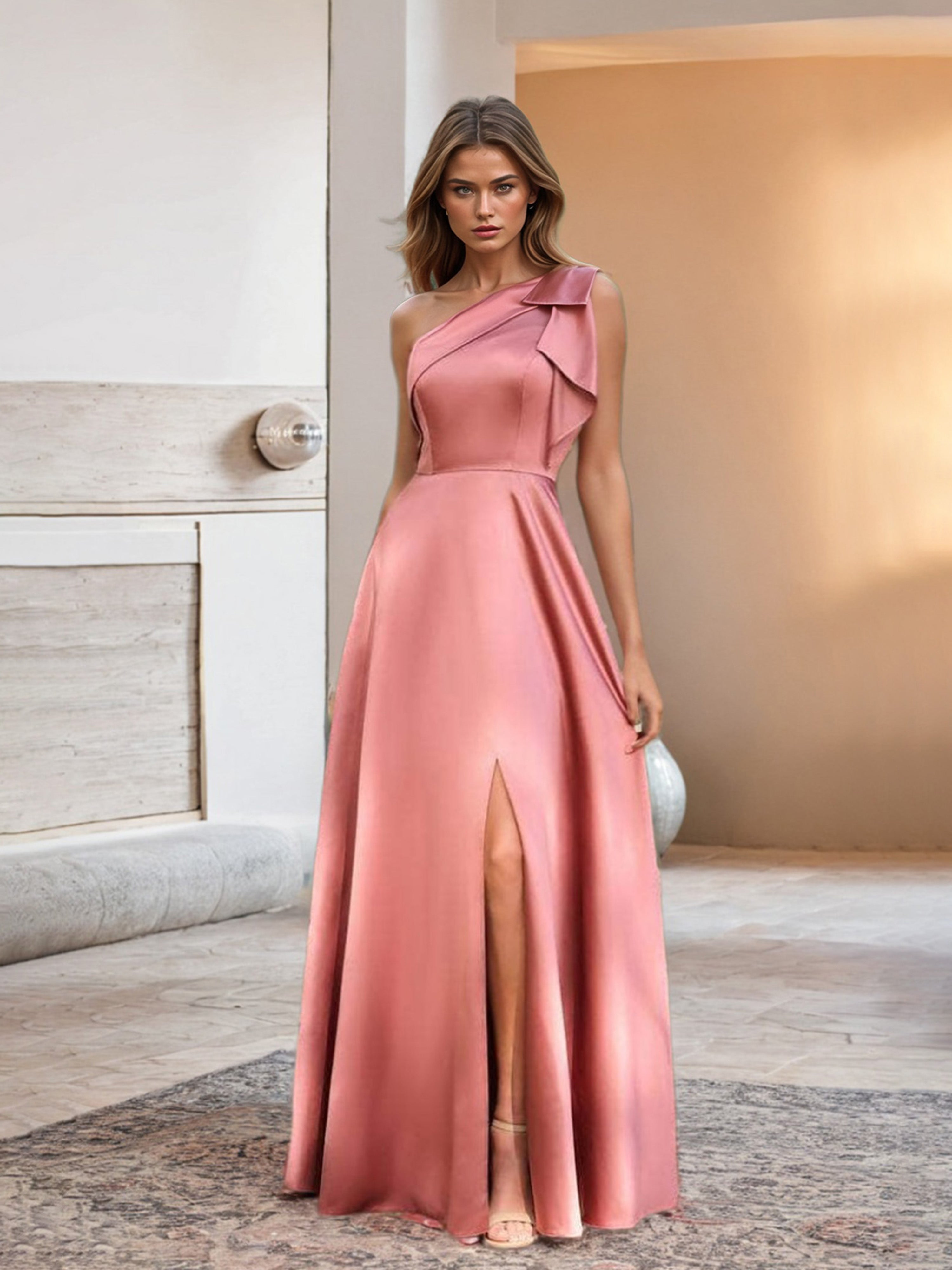 Watermelon Coloured Prom Dresses Elegant One Shoulder Bowknot A Line Prom Dresses With Slit