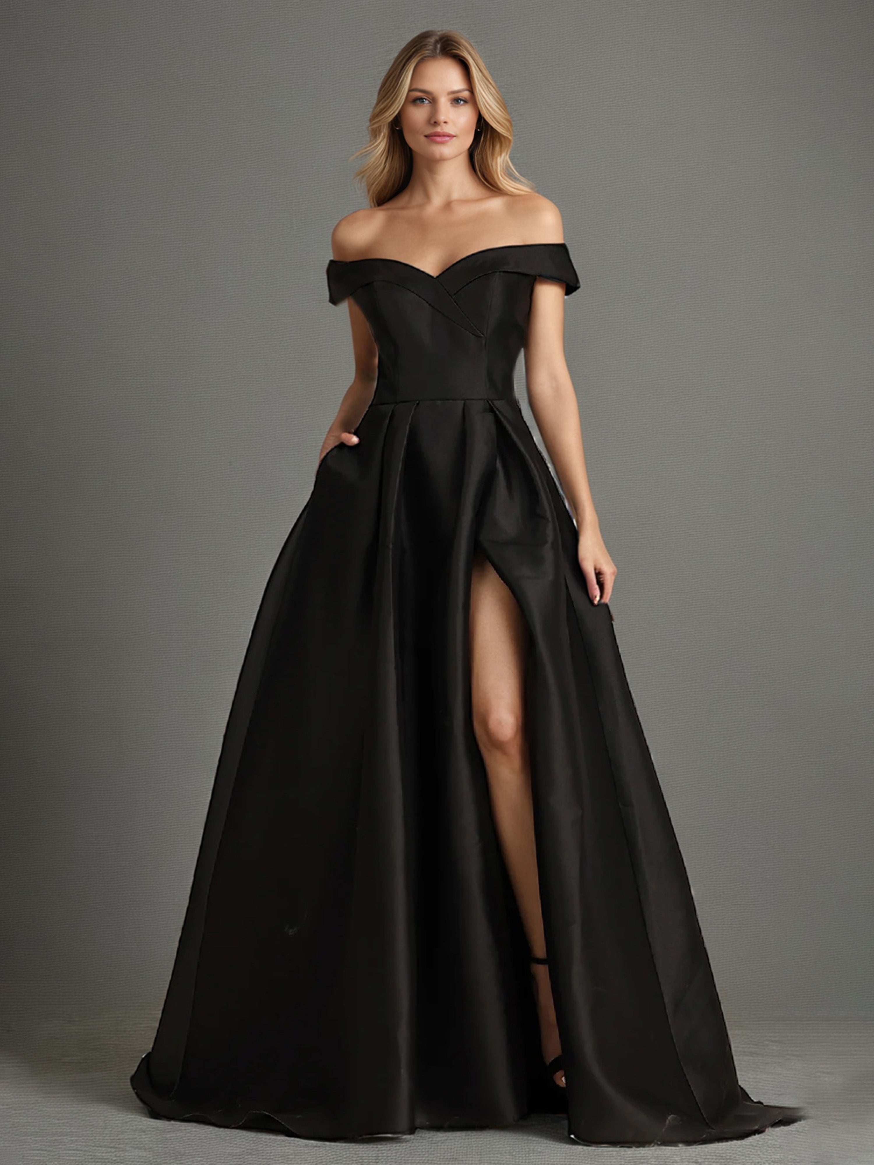 Black Long Formal Dresses Elegant A Line Off The Shoulder Long Satin Formal Dress With Slit Black Long Formal Dresses Elegant A Line Off The Shoulder Long Satin Formal Dress With Slit