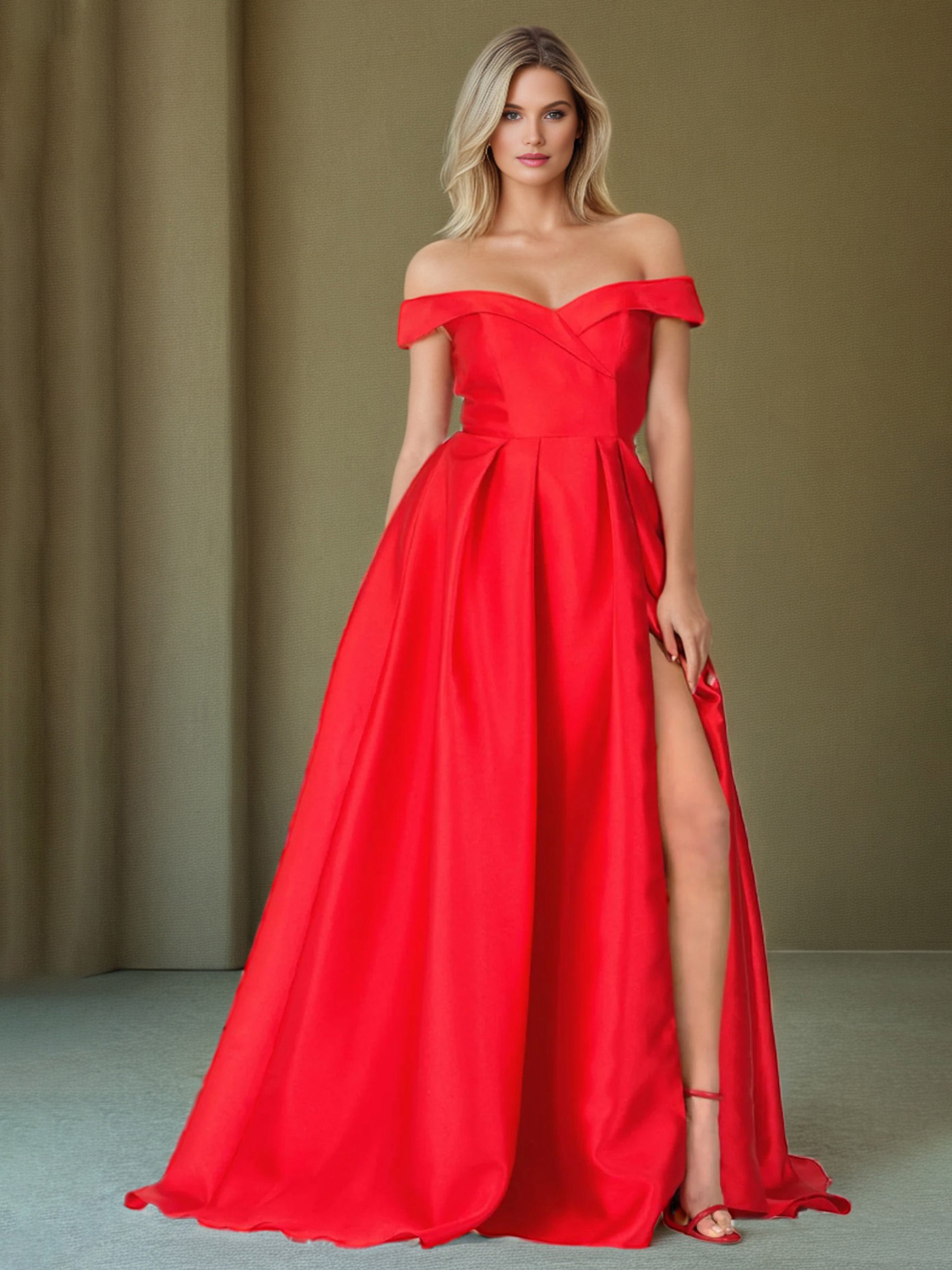 Red Formal Dresses Elegant A Line Off The Shoulder Long Satin Formal D