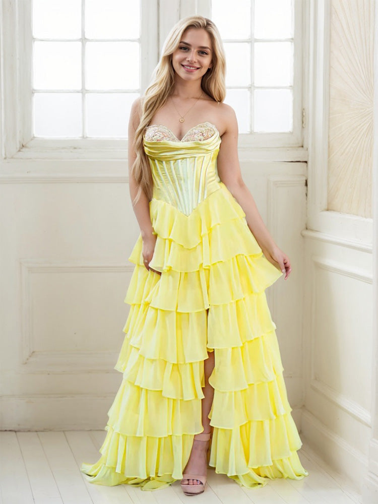 Gold Formal Dresses A Line Appliques Bodice Layers Formal Dress