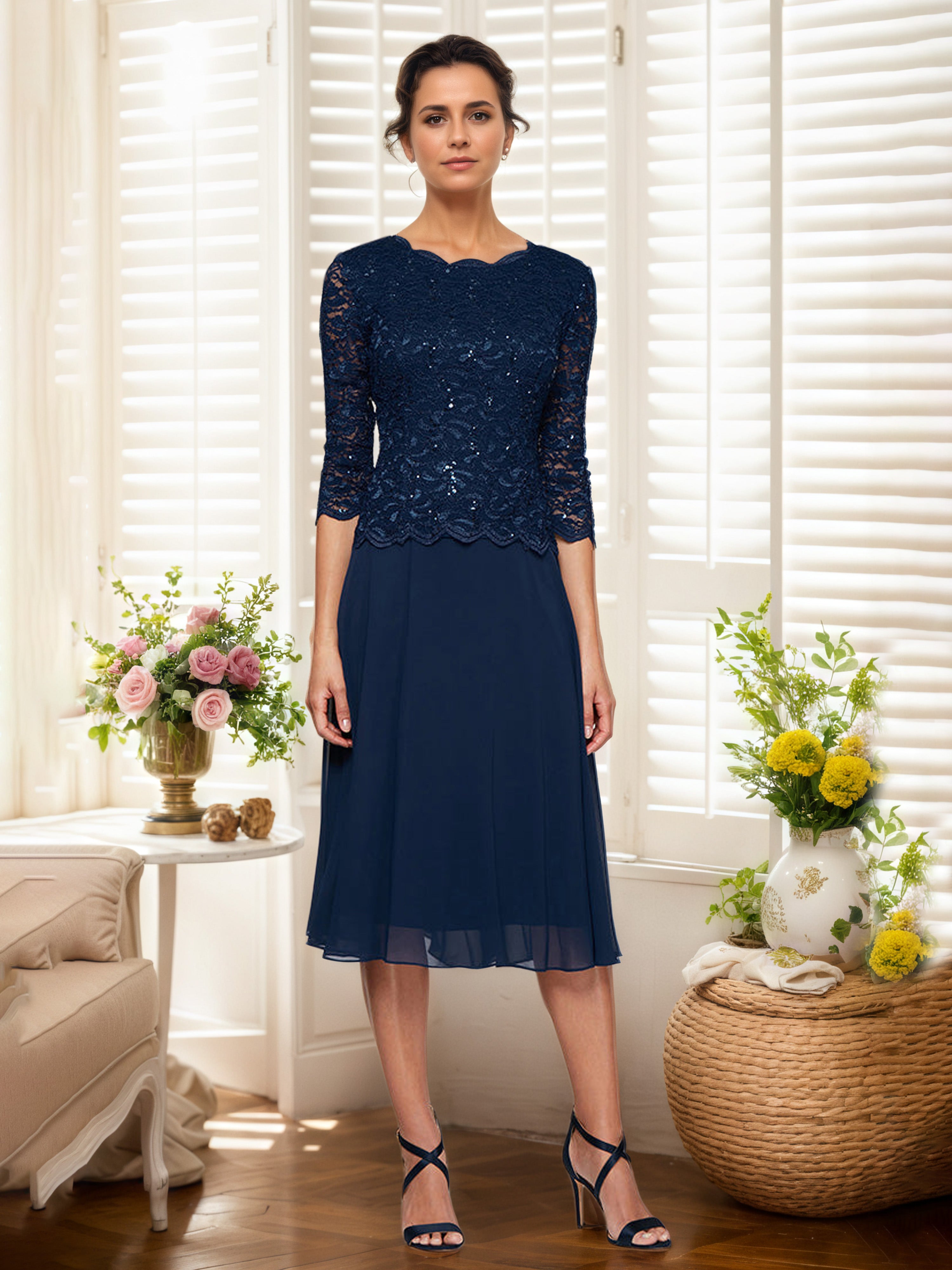 Dark Navy Mother Of The Bride Dress A-Line Lace Top 3/4 Length Sleeves
