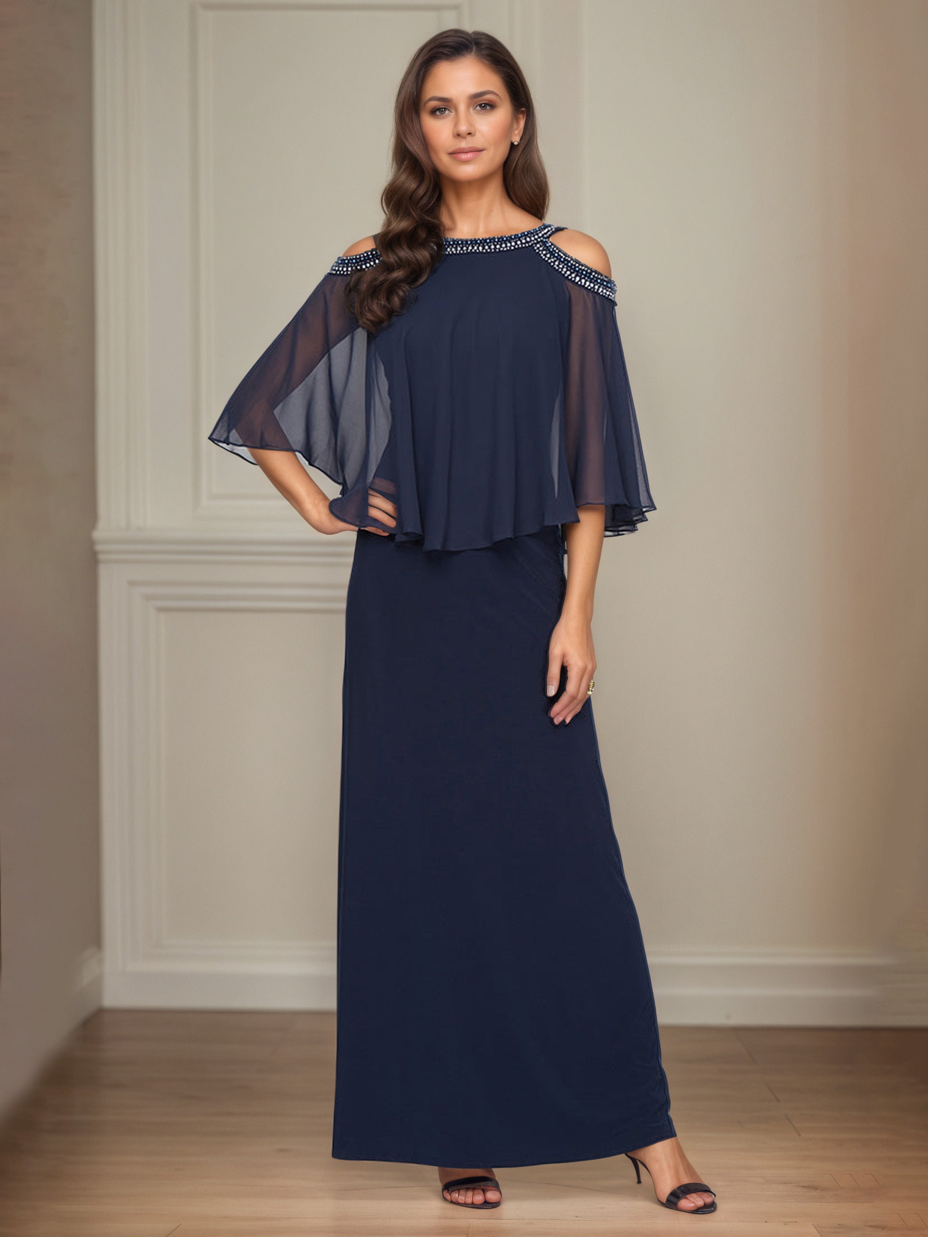 Dark Navy Mother Of The Bride Dress Cold Shoulder with Beaded Neckline Chiffon Gown Dark Navy Mother Of The Bride Dress Cold Shoulder with Beaded Neckline Chiffon Gown
