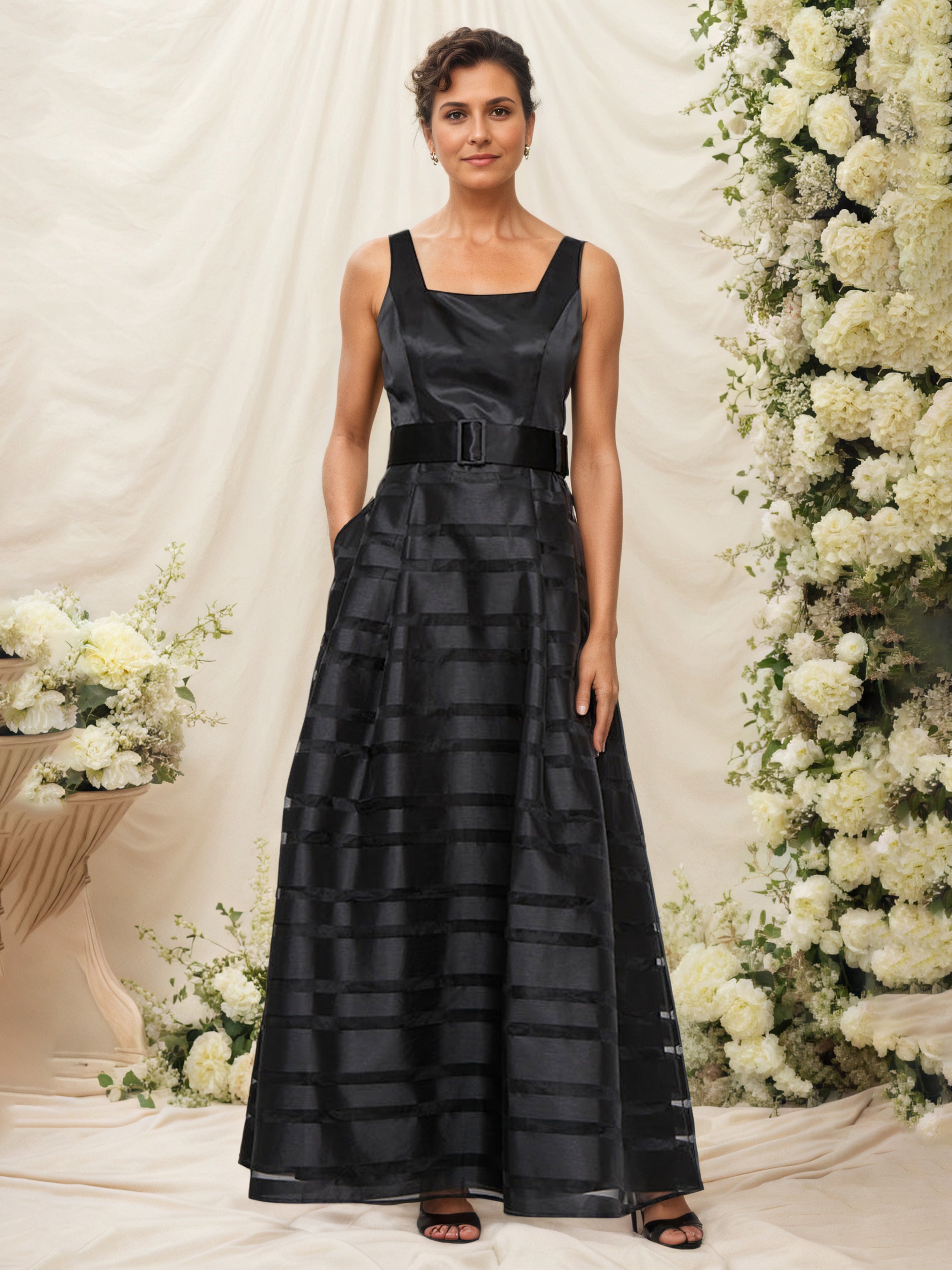 Mother of The Bride Dress Black Long Organza A-Line Dress with Belt and Pockets Mother of The Bride Dress Black Long Organza A-Line Dress with Belt and Pockets