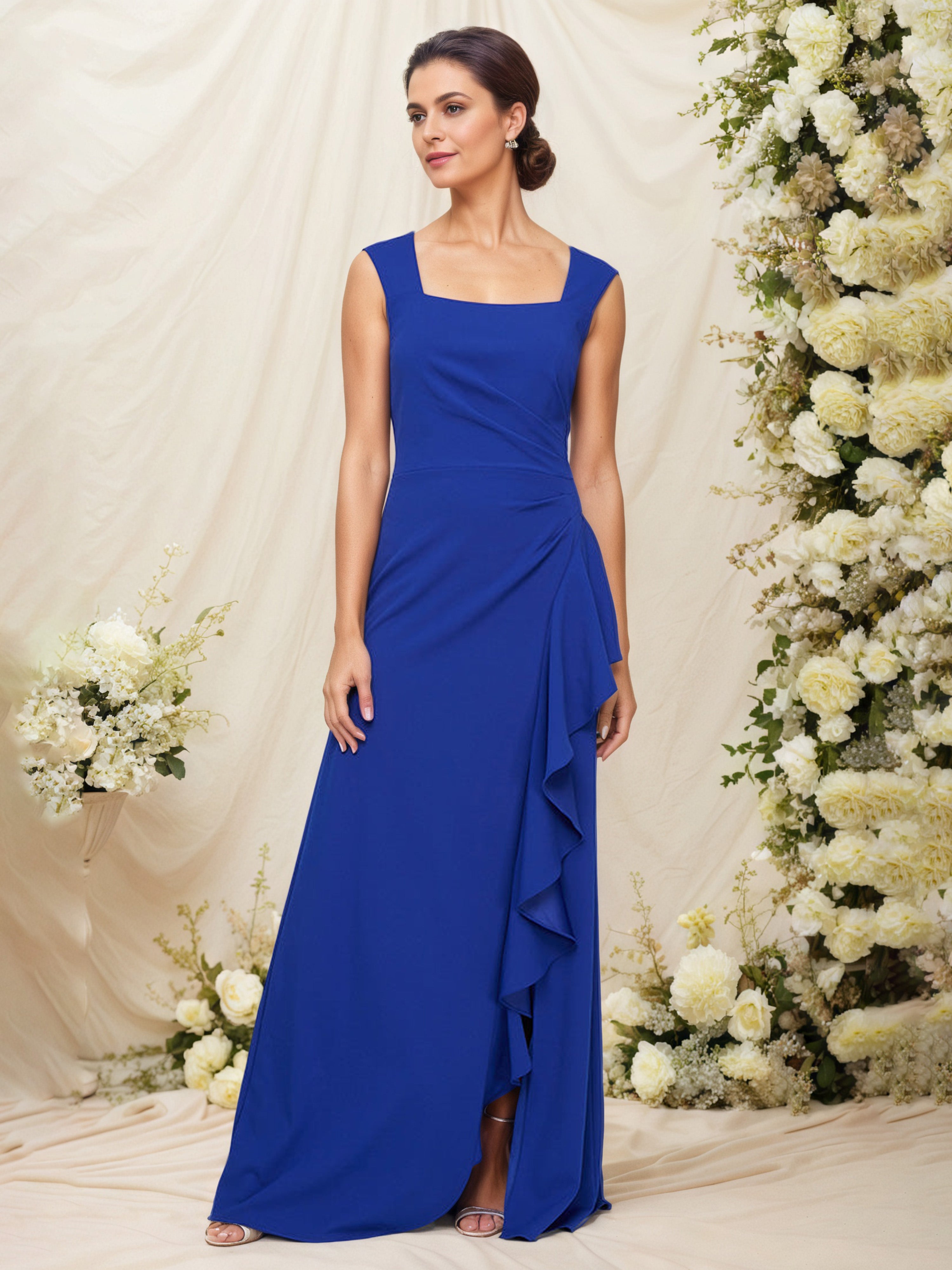 Royal Blue Mother of Bride Dress Square Neck Cascade Ruffles Long Mother of The Bride Dress Royal Blue Mother of Bride Dress Square Neck Cascade Ruffles Long Mother of The Bride Dress
