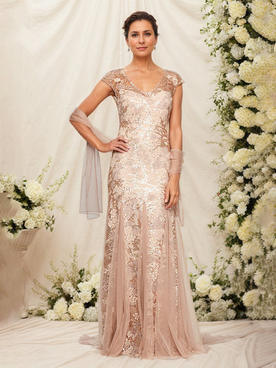 Champagne Mother Of The Bride Dresses V-Neck Cap Sleeve Lace Embroidered Fit Dress with Shawl Champagne Mother Of The Bride Dresses V-Neck Cap Sleeve Lace Embroidered Fit Dress with Shawl