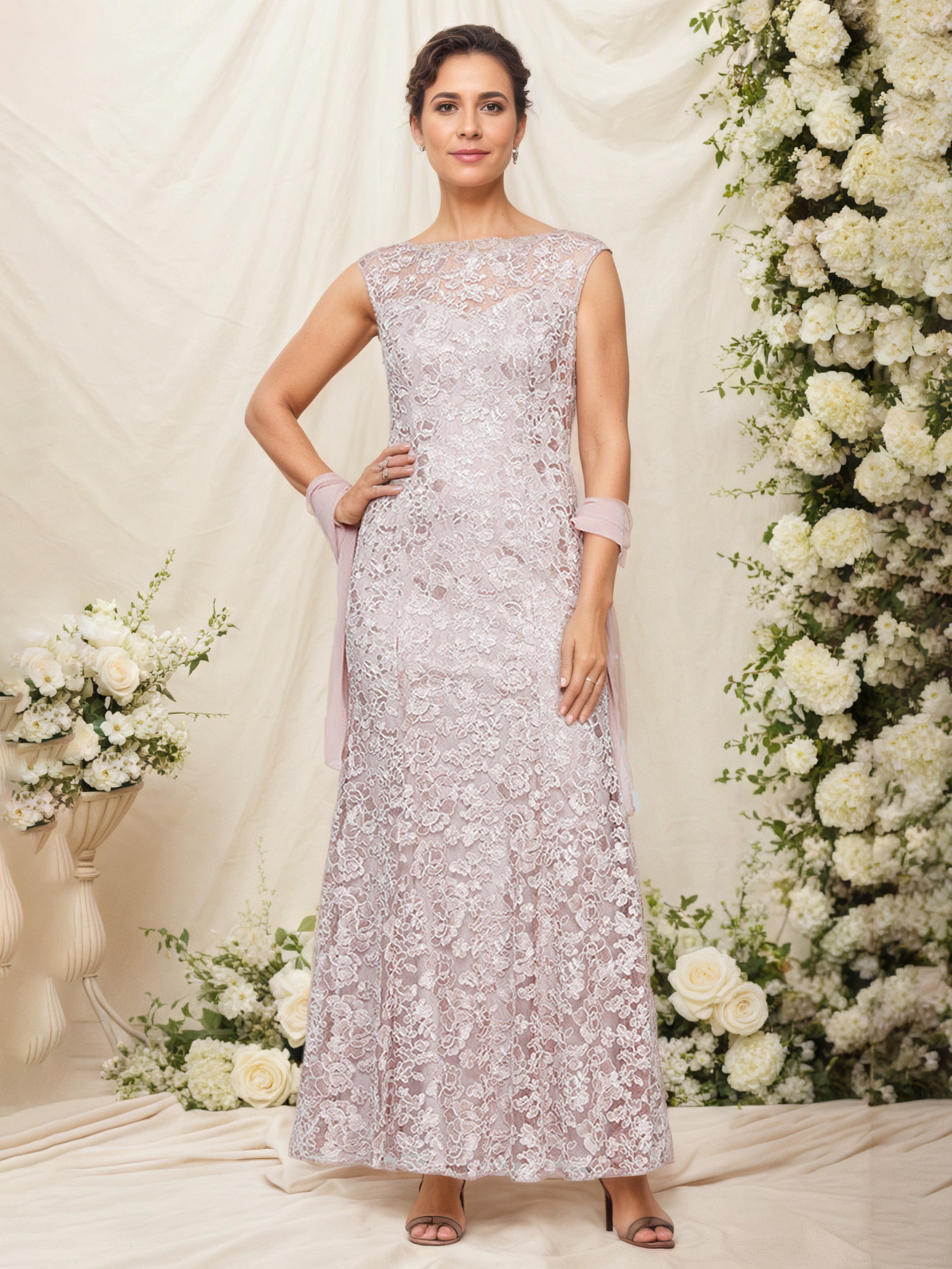 Blush Pink Mother Of The Bride Dress Cap Sleeve Lace Embroidered Fit Dress with Shawl Blush Pink Mother Of The Bride Dress Cap Sleeve Lace Embroidered Fit Dress with Shawl