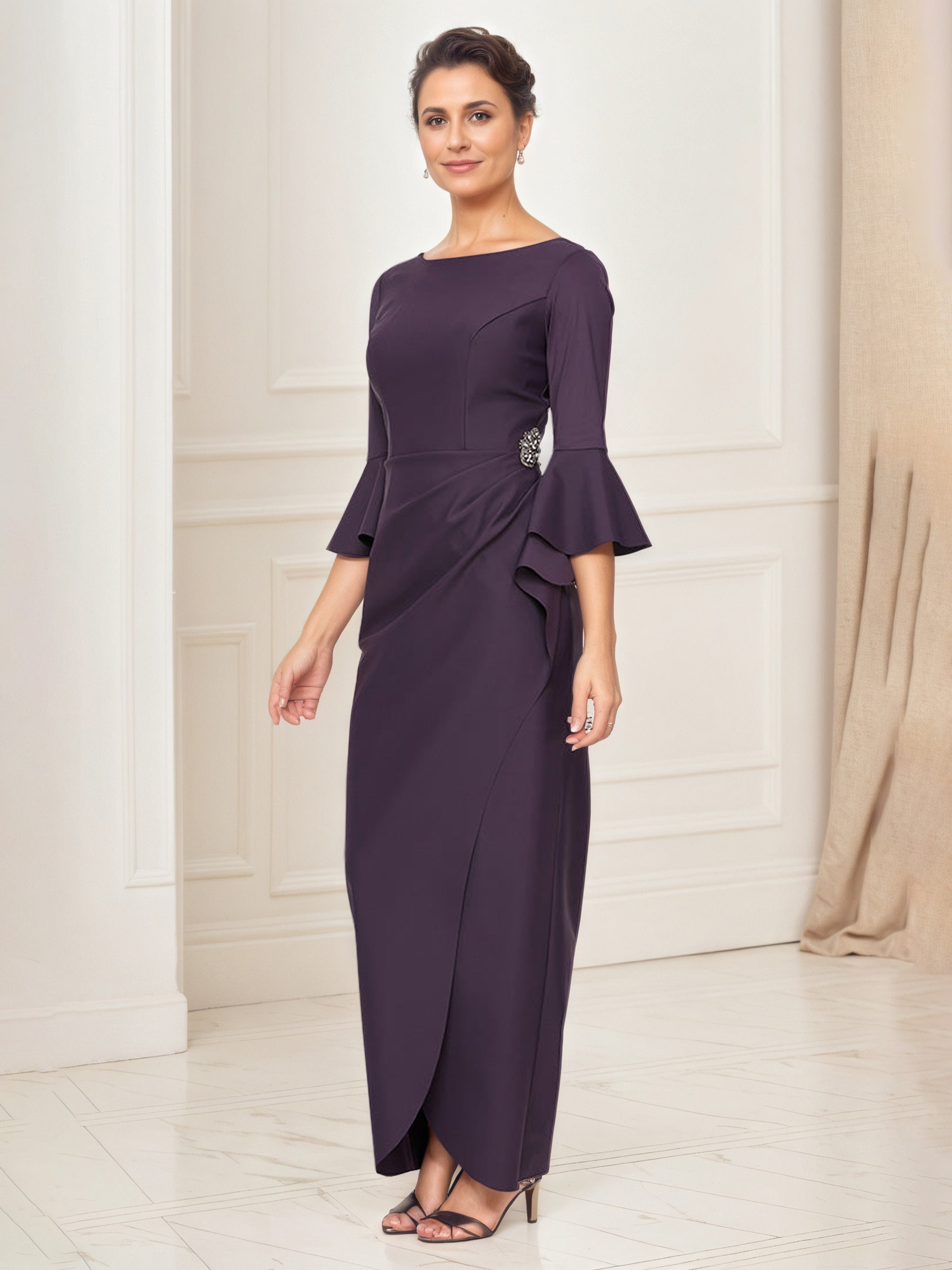 Aubergine Mother Of The Bride Dress Long Sheath Bell Sleeves Ruffles E