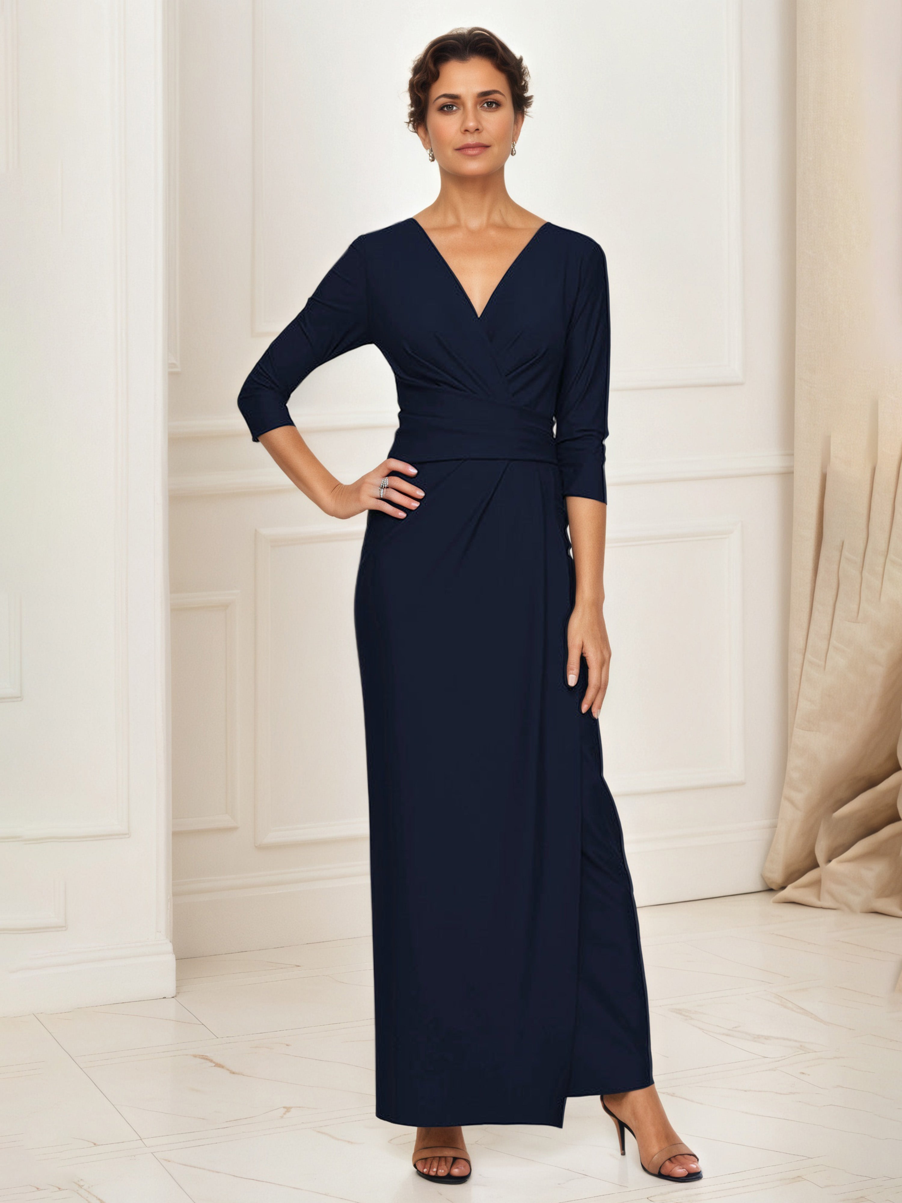 Dark Navy Mother Of The Bride Dresses Sheath 3/4 Length Sleeves V-Neck Ruched Long Mother Of The Bride Dress Dark Navy Mother Of The Bride Dresses Sheath 3/4 Length Sleeves V-Neck Ruched Long Mother Of The Bride Dress